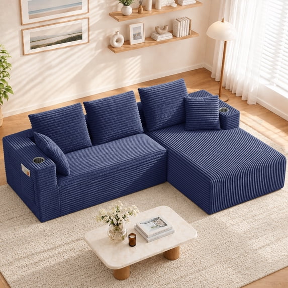 Lunale 95" Modular Sectional Sofa, L-Shaped Boneless Cloud Couch with Cup Holders, Modern Deep Seat Sofa for Living Room, Blue (Right Facing Chaise)