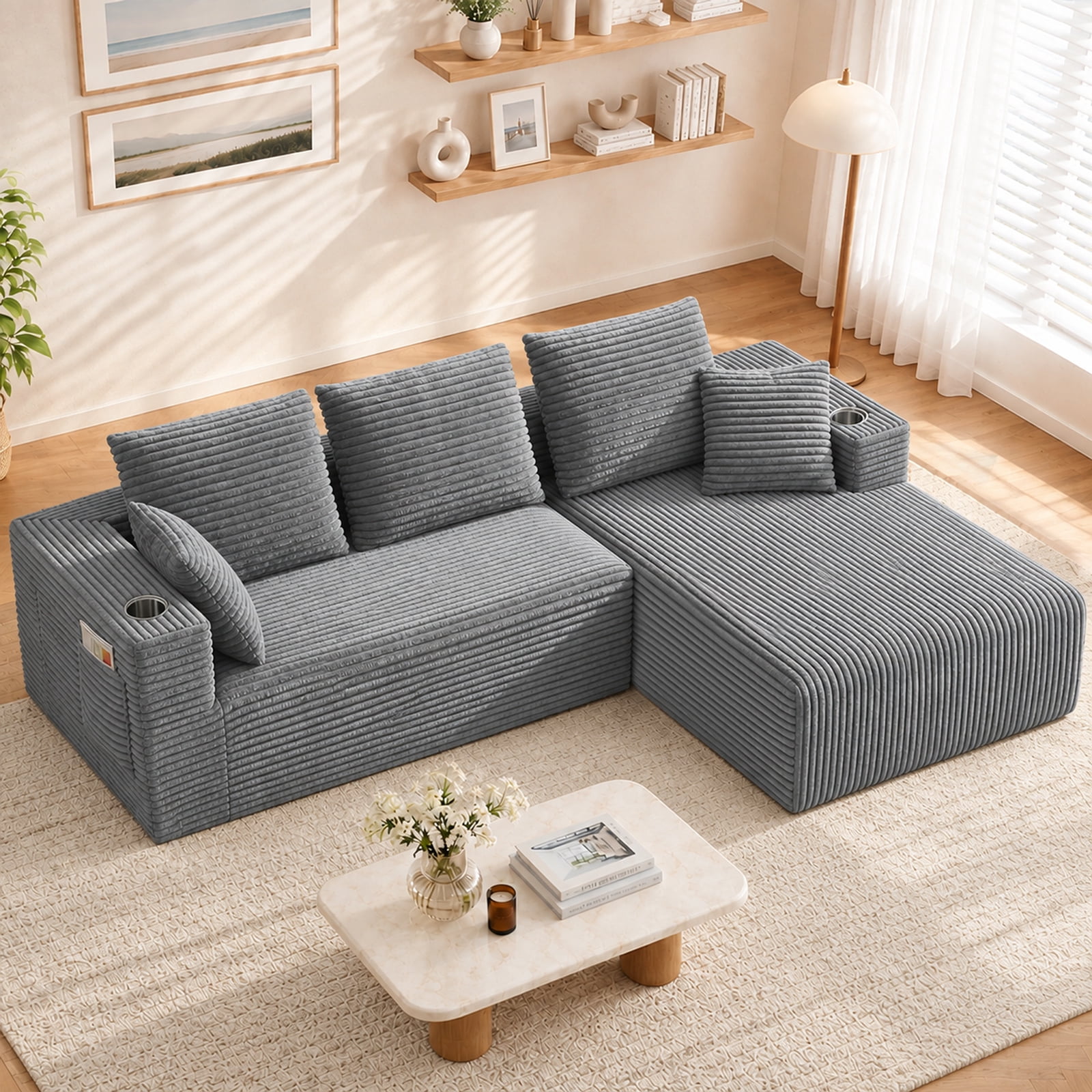 Lunale 95" Modular Sectional Sofa, L-Shaped Boneless Cloud Couch with Cup Holders, Modern Deep Seat Sofa for Living Room, Gray (Right Facing Chaise)