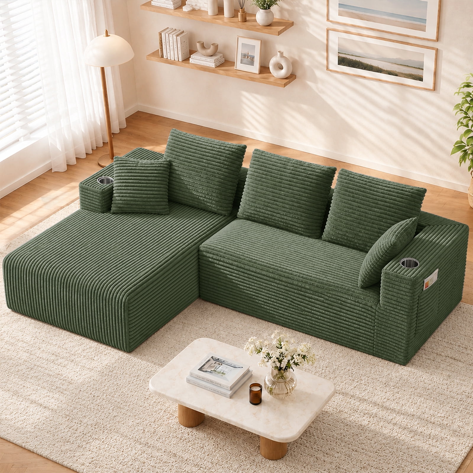 Lunale 95" Modular Sectional Sofa, L-Shaped Boneless Cloud Couch with Cup Holders, Modern Deep Seat Sofa for Living Room, Green (Left Facing Chaise)