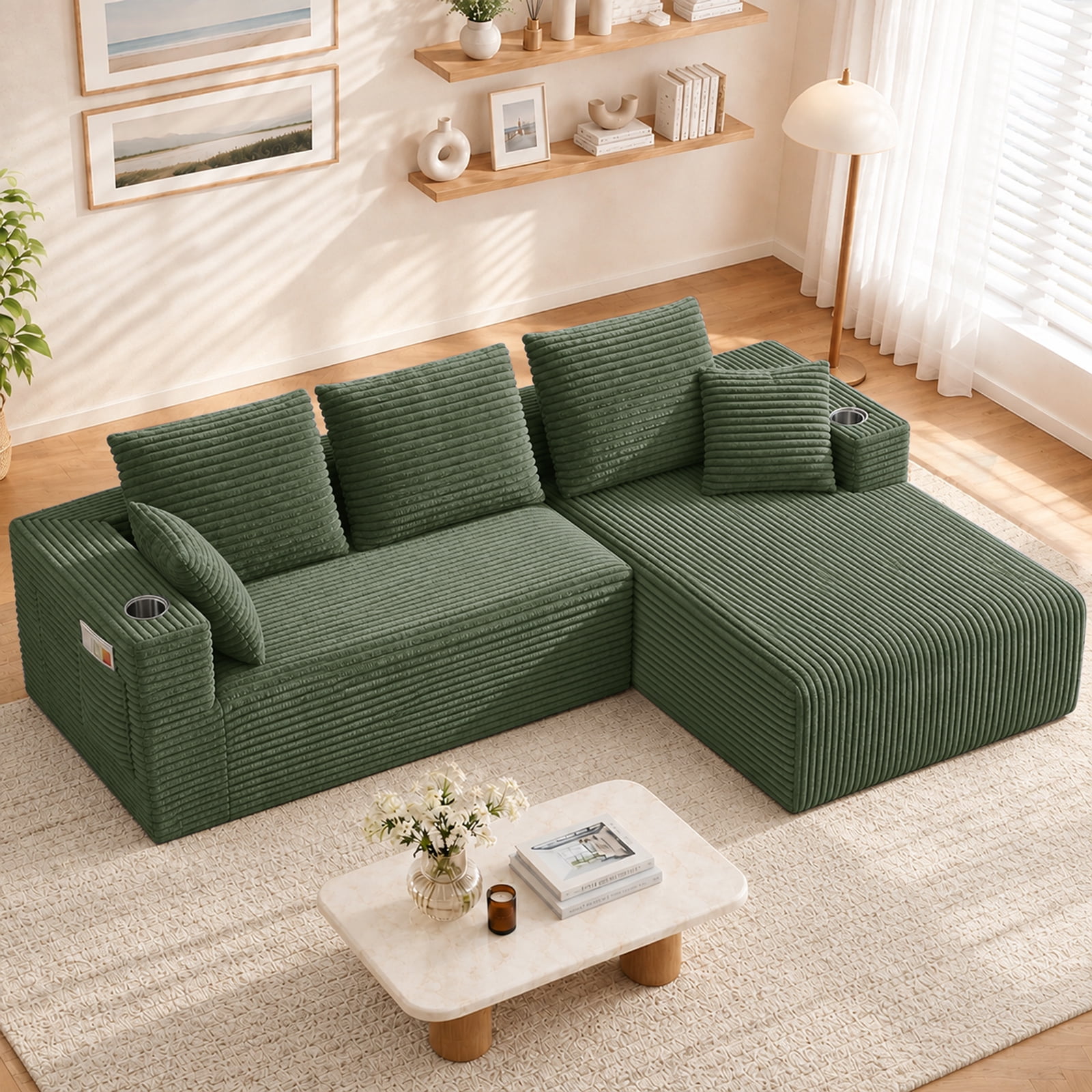 Lunale 95" Modular Sectional Sofa, L-Shaped Boneless Cloud Couch with Cup Holders, Modern Deep Seat Sofa for Living Room, Green (Right Facing Chaise)