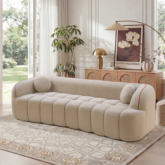 Lunale 98" Curved Bonelessd Sofa, 3-Seater Cloud Couch, No Assembly Required, Modern Corduroy Bubble Sofa for Living Room, Camel