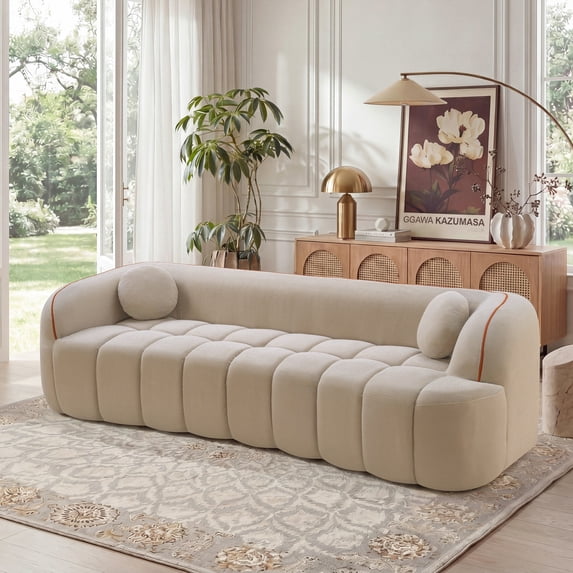 Lunale 98" Curved Bonelessd Sofa, 3-Seater Floor Cloud Couch, No Assembly Required, Modern Corduroy Bubble Sofa for Living Room, Camel