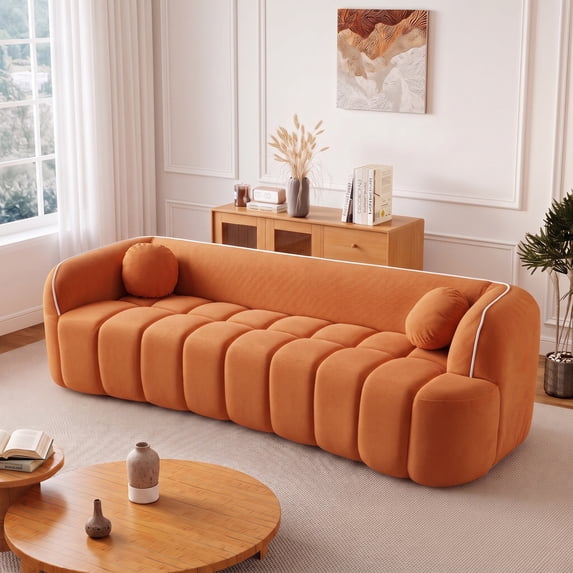 Lunale 98" Curved Bonelessd Sofa, 3-Seater Floor Cloud Couch, No Assembly Required, Modern Corduroy Bubble Sofa for Living Room, Orange