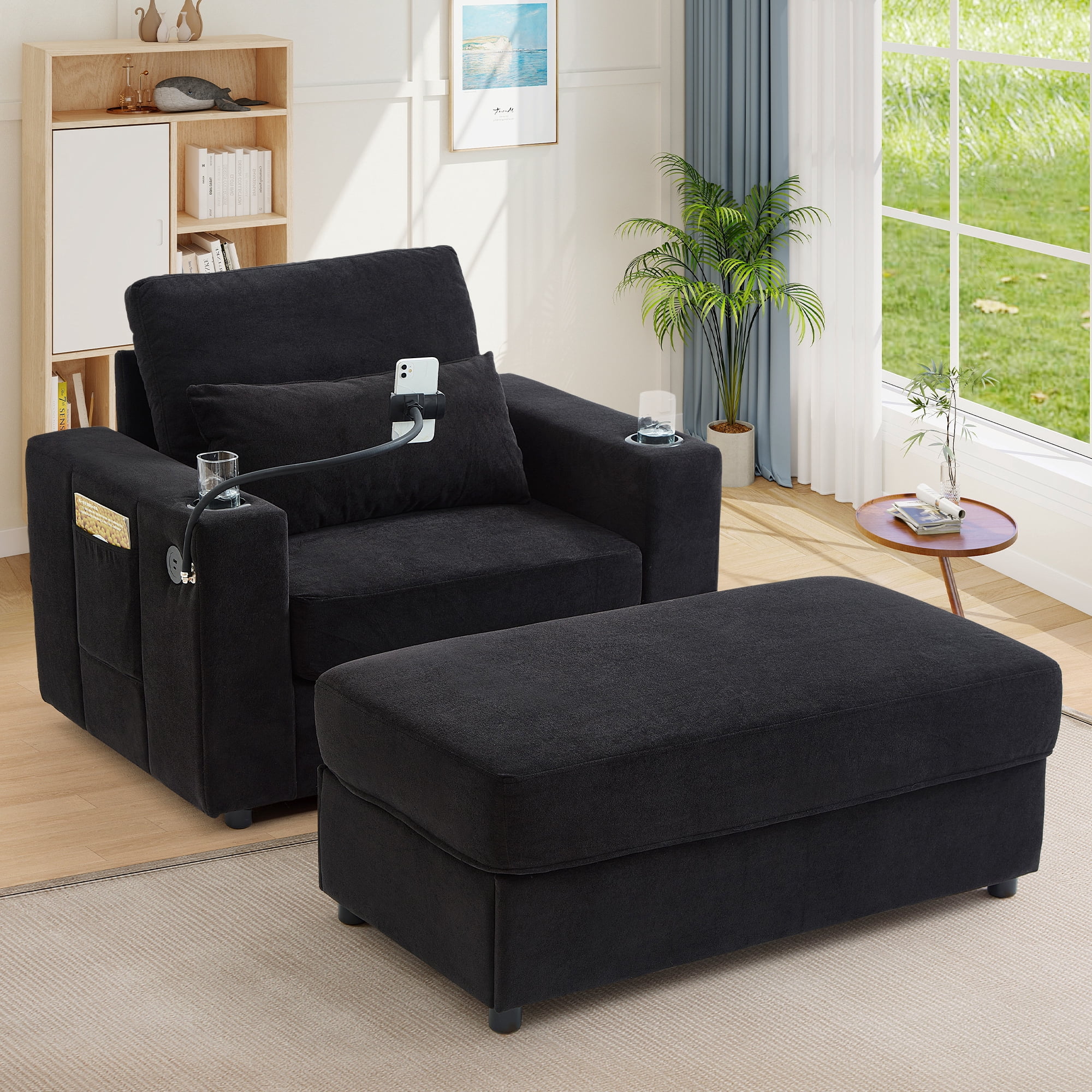 Lunale Accent Chair with Ottoman, Indoor Lounge Chair with USB & Storage, Modern Upholstered Sofa Armchair for Living Room, Bedroom, Apt., Black Chenille