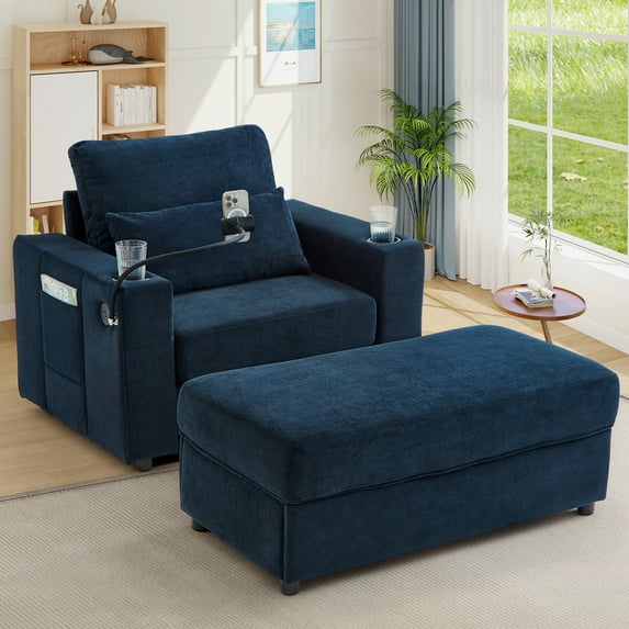 Lunale Accent Chair with Ottoman, Indoor Lounge Chair with USB & Storage, Modern Upholstered Sofa Armchair for Living Room, Bedroom, Apt., Blue Chenille