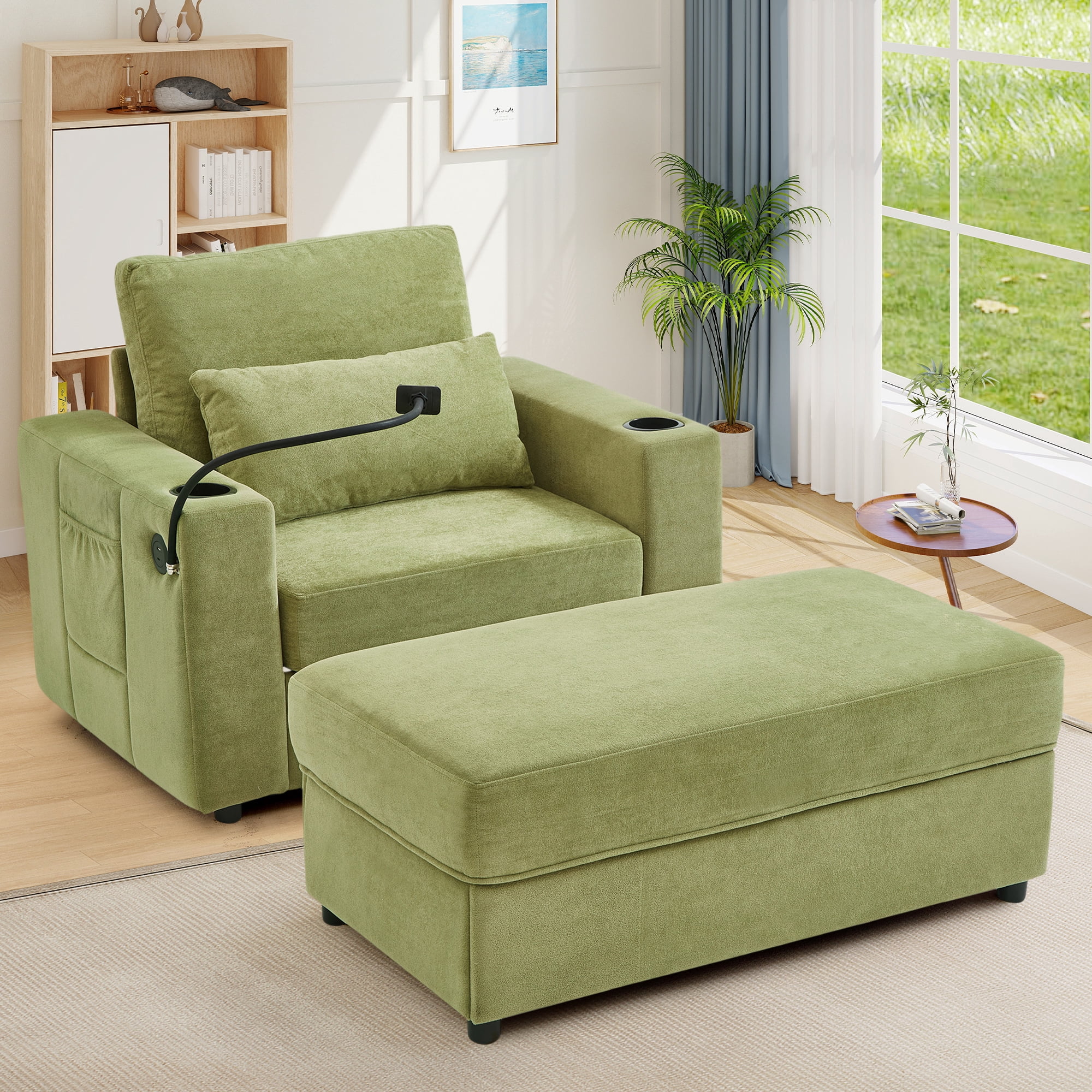 Lunale Accent Chair with Ottoman, Indoor Lounge Chair with USB & Storage, Modern Upholstered Sofa Armchair for Living Room, Bedroom, Apt., Green Chenille