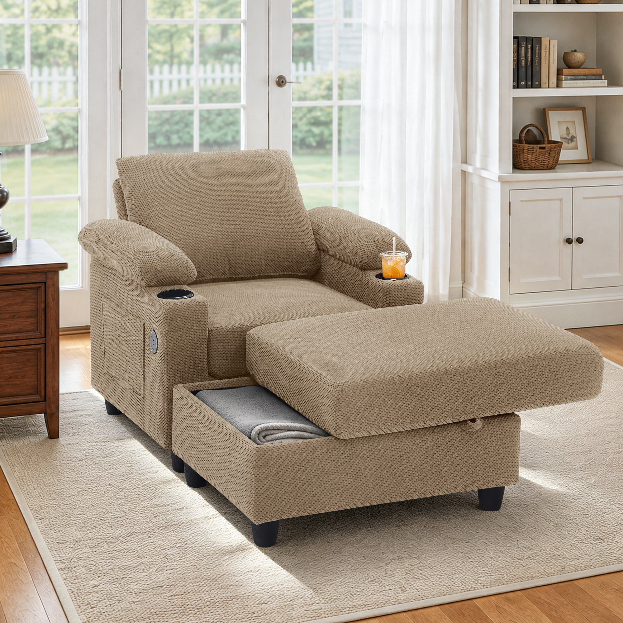 Lunale Accent Chair with Storage Ottoman & Adjustable Backrest, Chaise Lounge Chair Indoor with USB, Living Room Reading Armchair, Camel