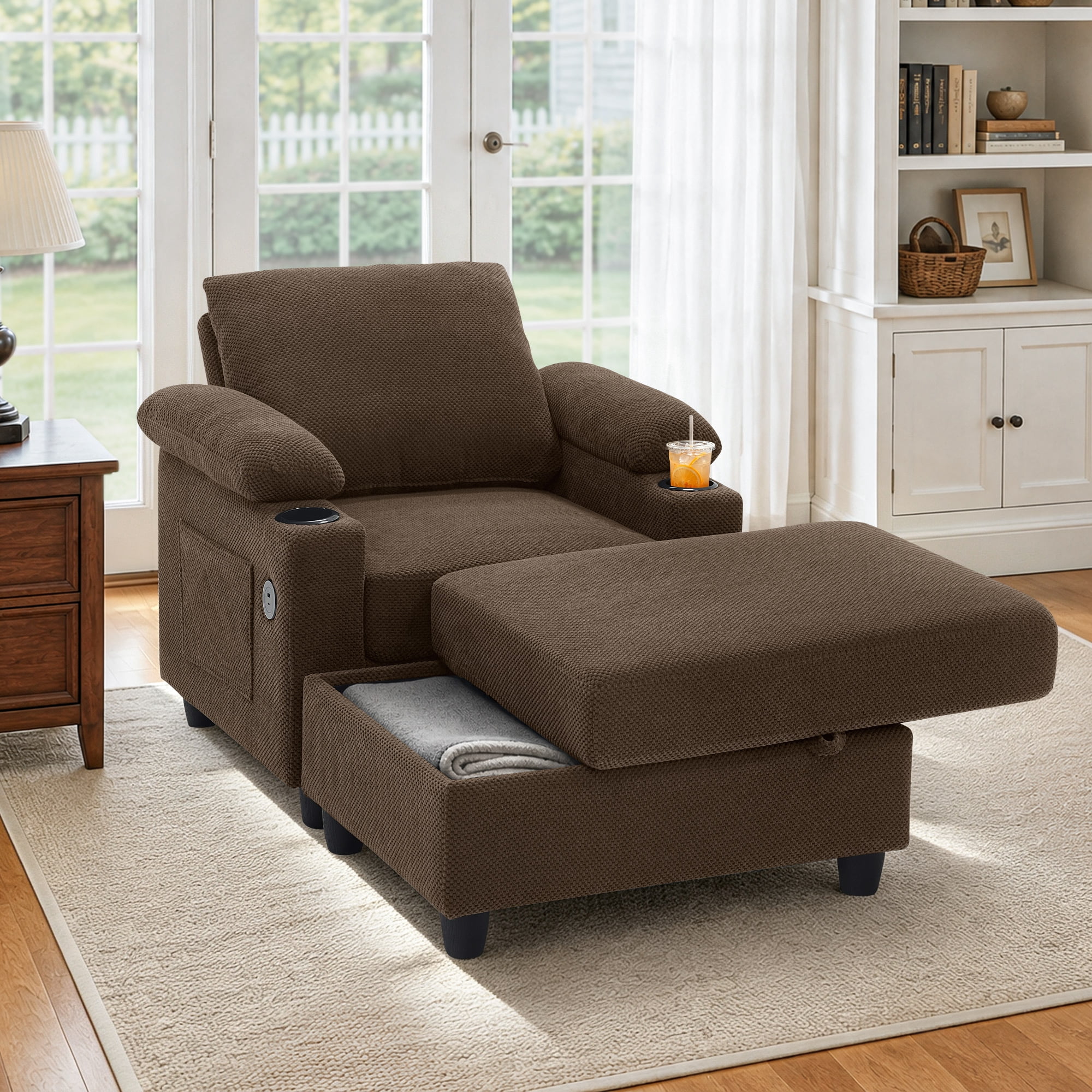 Lunale Accent Chair with Storage Ottoman & Adjustable Backrest, Chaise Lounge Chair Indoor with USB, Living Room Reading Armchair, Coffee