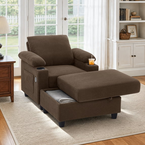 Lunale Accent Chair with Storage Ottoman & Adjustable Backrest, Chaise Lounge Chair Indoor with USB, Living Room Reading Armchair, Coffee