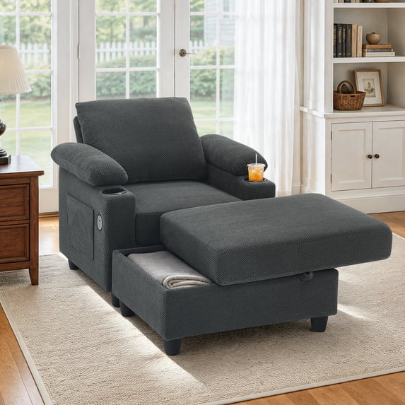 Lunale Accent Chair with Storage Ottoman & Adjustable Backrest, Chaise Lounge Chair Indoor with USB, Living Room Reading Armchair, Gray