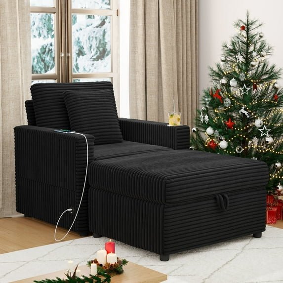 Lunale Accent Chair with Storage Ottoman, Indoor Lounge Chair with USB & Table Board, Cozy Corduroy Sofa Armchair for Living Room, Black