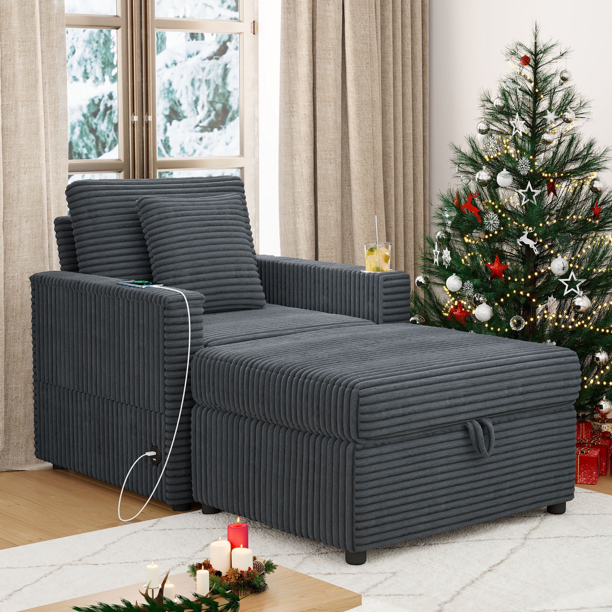 Lunale Accent Chair with Storage Ottoman, Indoor Lounge Chair with USB & Table Board, Cozy Corduroy Sofa Armchair for Living Room, Gray