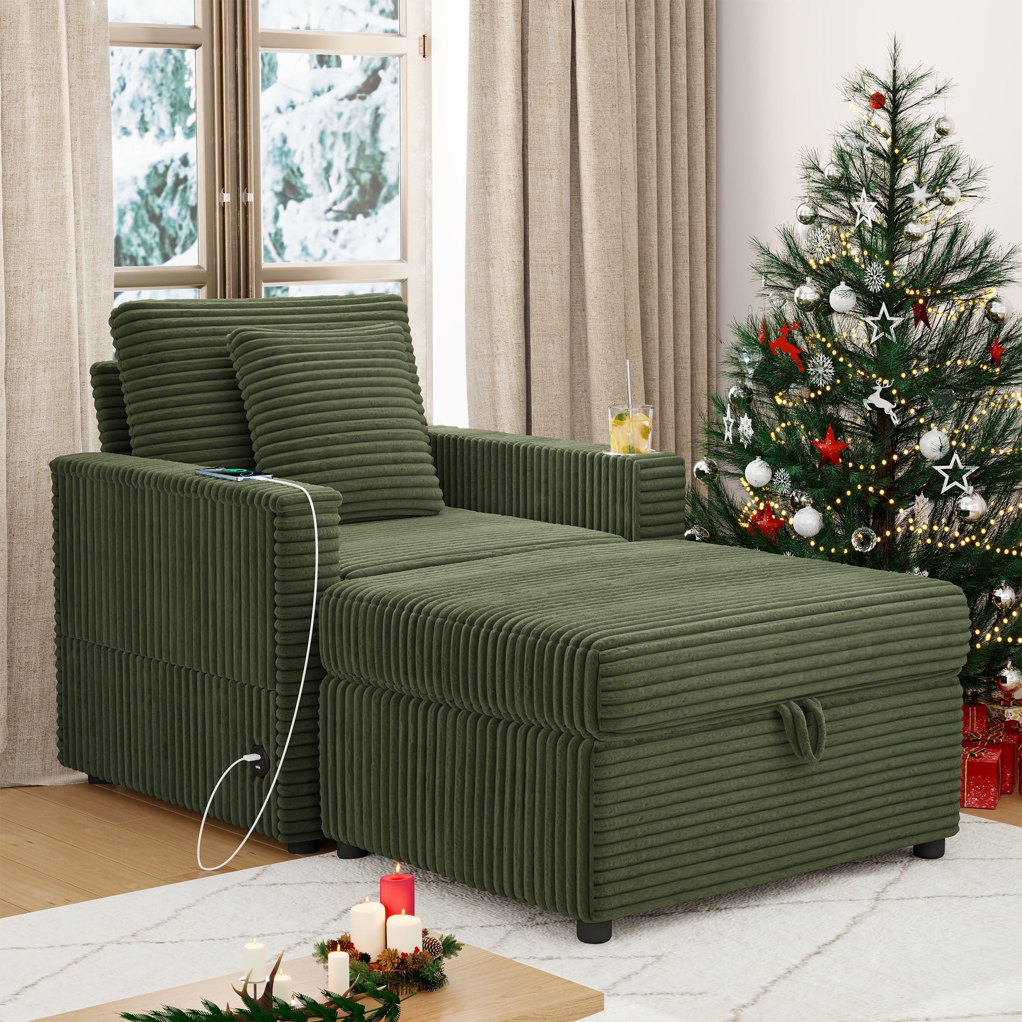 Lunale Accent Chair with Storage Ottoman, Indoor Lounge Chair with USB & Table Board, Cozy Corduroy Sofa Armchair for Living Room, Green