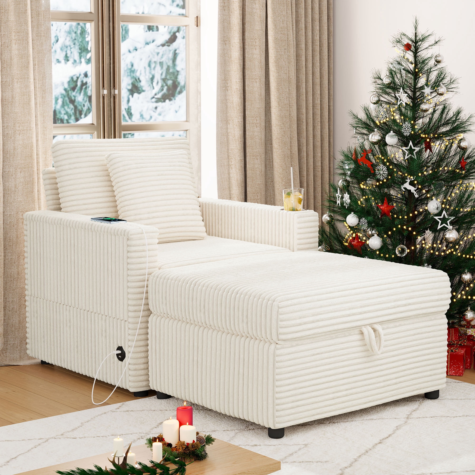 Lunale Accent Chair with Storage Ottoman, Indoor Lounge Chair with USB & Table Board, Cozy Corduroy Sofa Armchair for Living Room, White