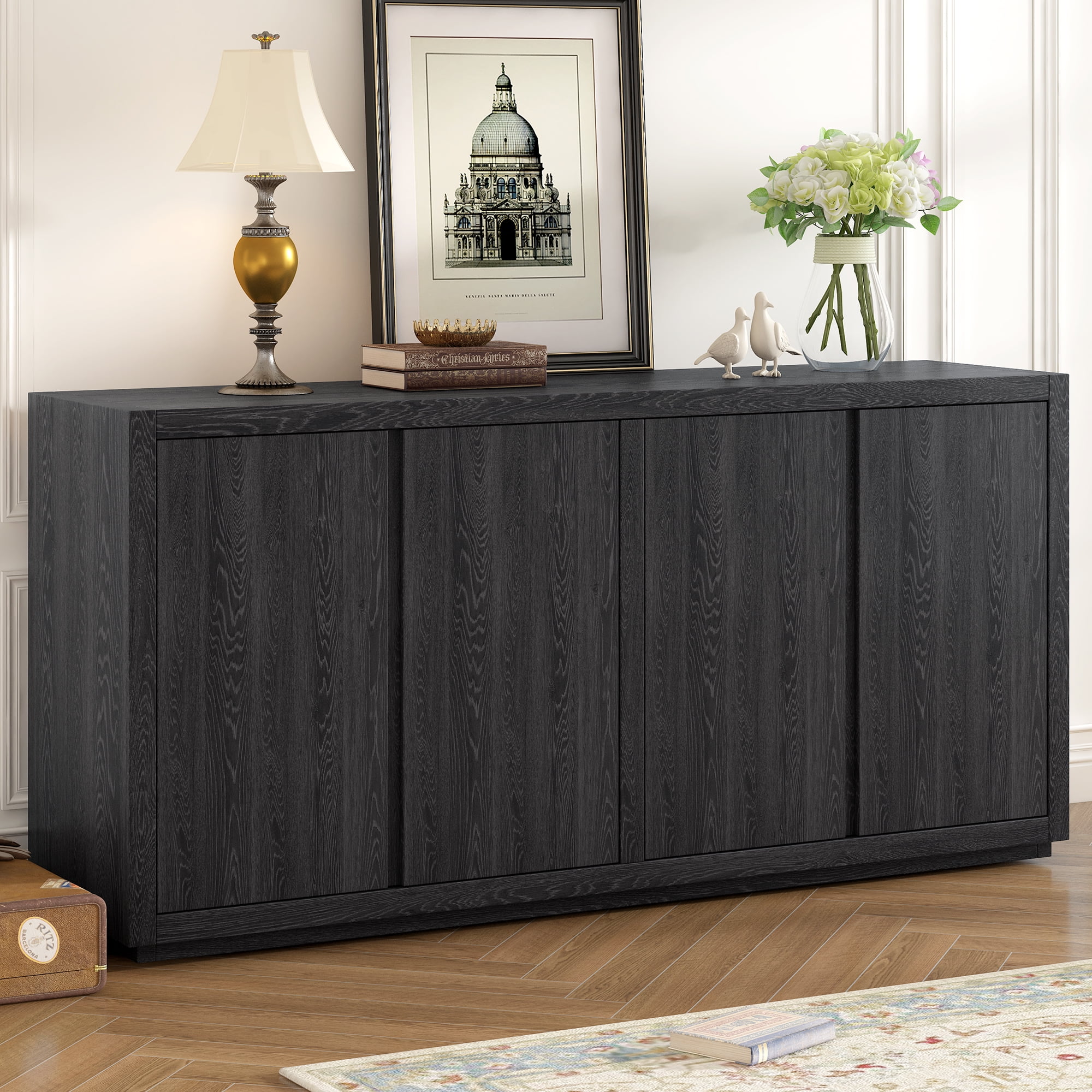 Lunale 63.1" Four-Door Sideboard Cabinet with Ash Veneer, Storage Buffet Cabinets for Entryway, Living Room, Black