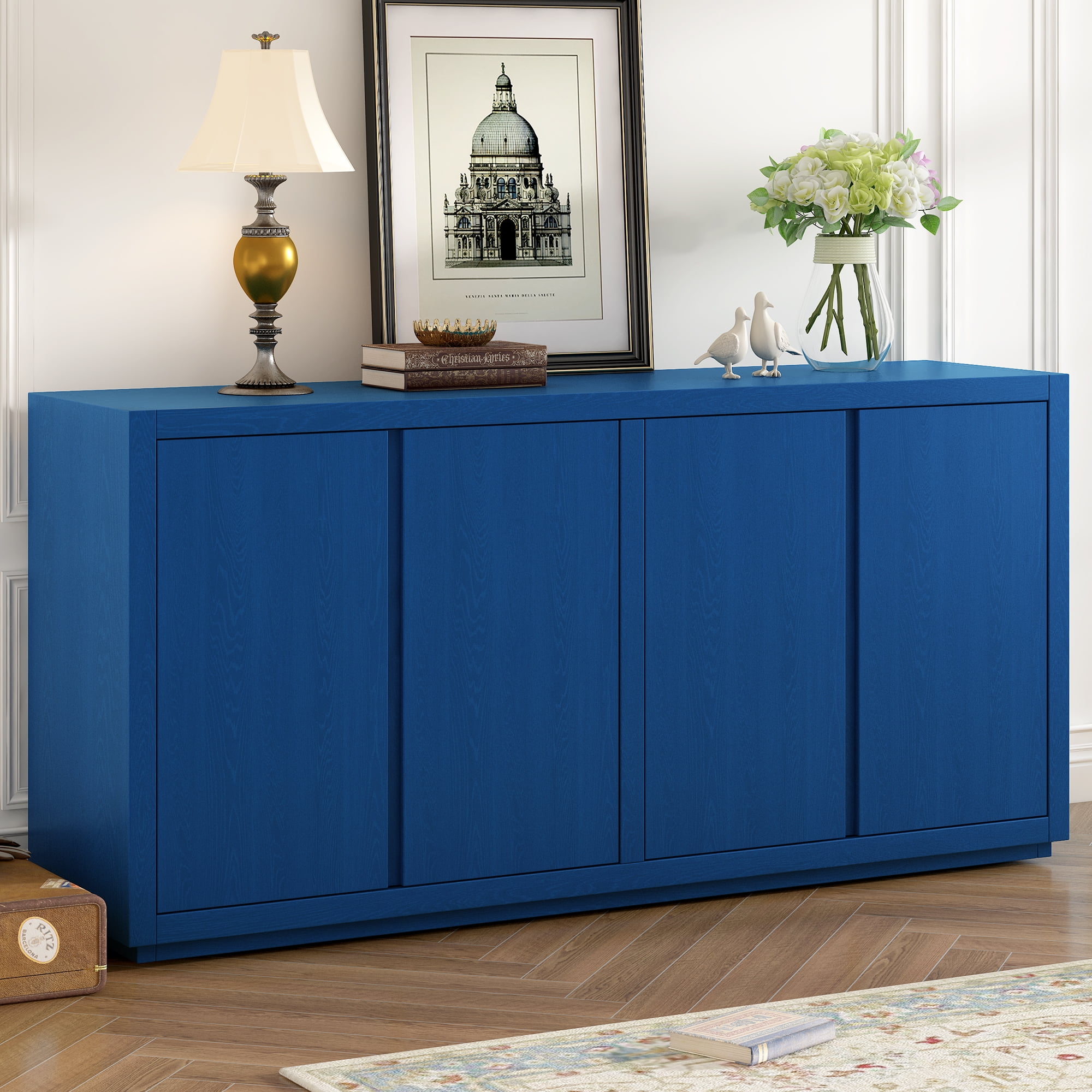 Lunale 63.1" Four-Door Sideboard Cabinet with Ash Veneer, Storage Buffet Cabinets for Entryway, Living Room, Blue