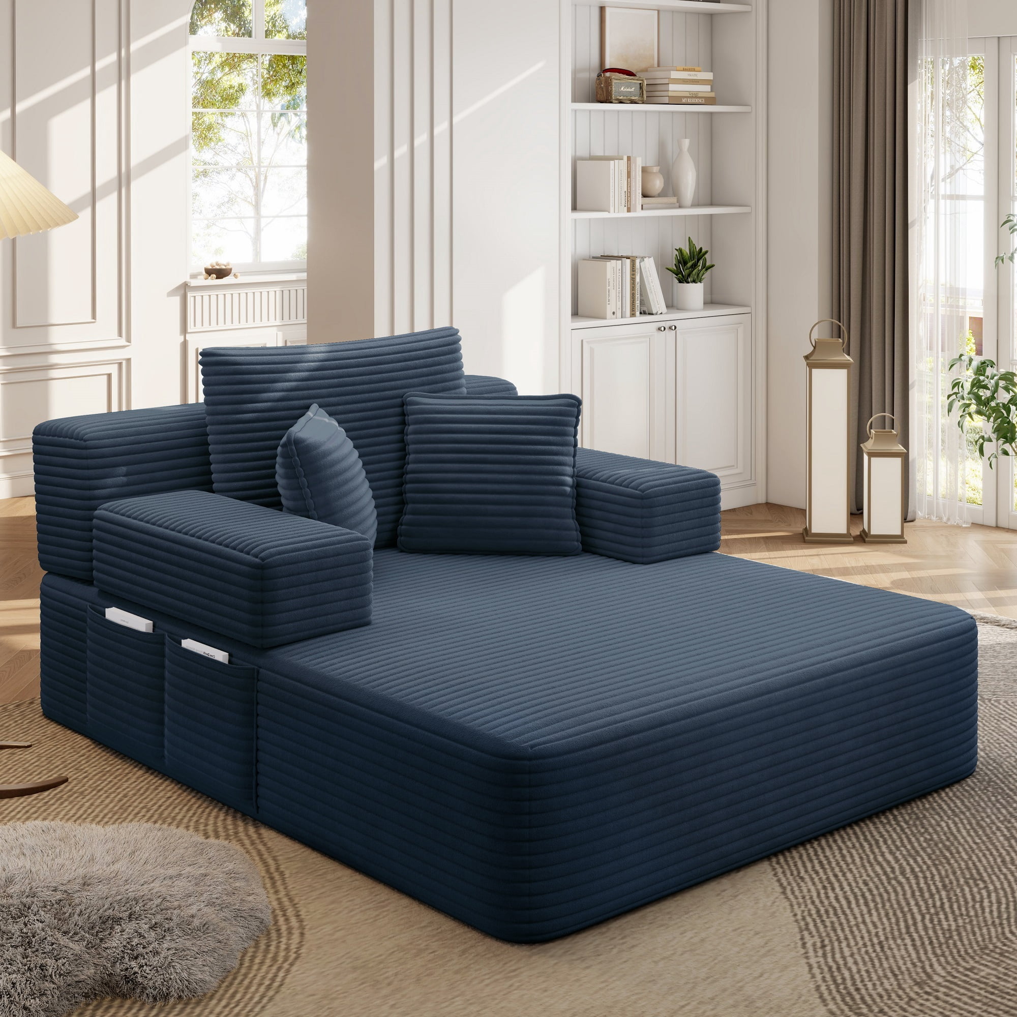 Lunale Boneless Chaise Lounge Chair Indoor, Oversized Convertible Sofa Bed, Cloud Corduroy Sofa Chair for Living Room, Blue