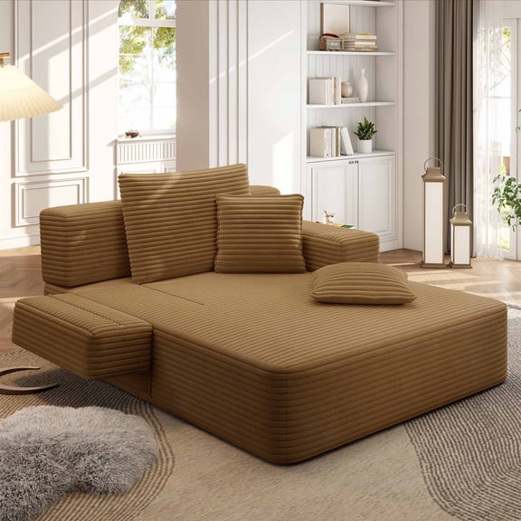 Lunale Boneless Chaise Lounge Chair Indoor, Oversized Convertible Sofa Bed, Cloud Corduroy Sofa Chair for Living Room, Camel