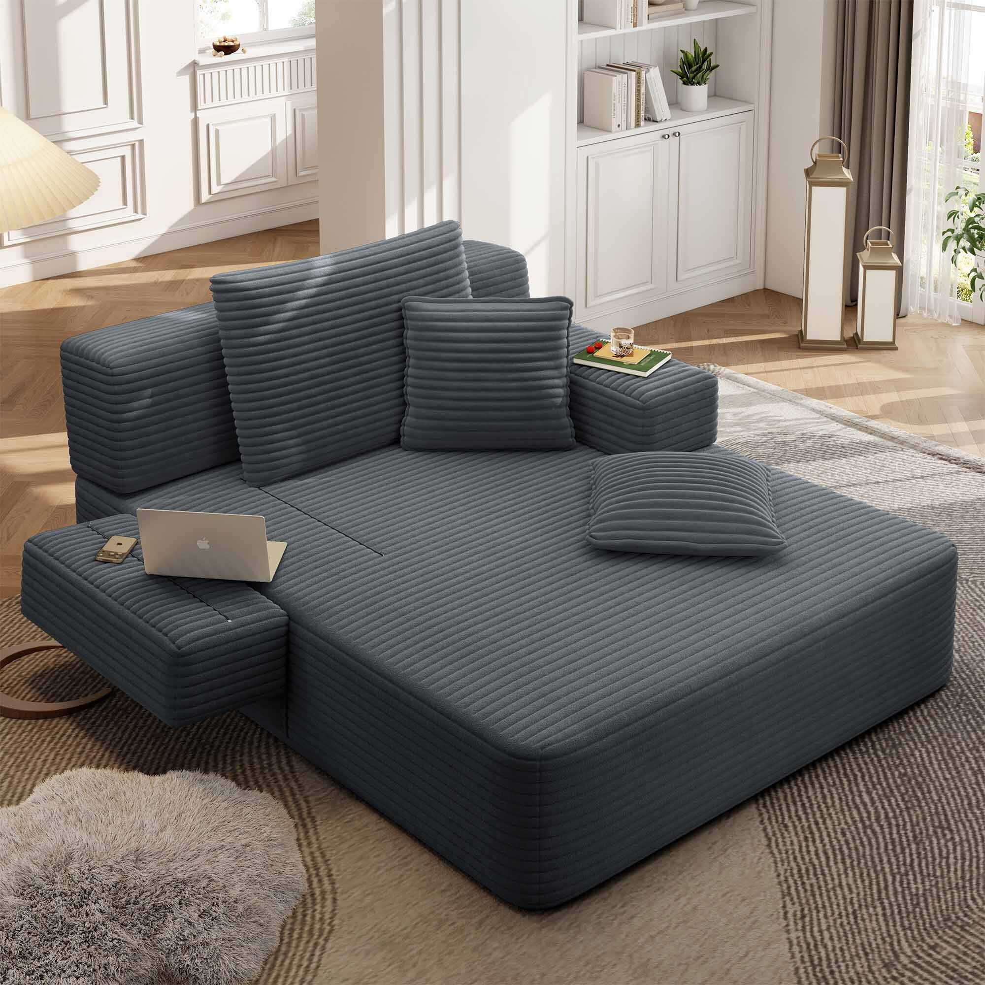 Lunale Boneless Chaise Lounge Chair Indoor, Oversized Convertible Sofa Bed, Cloud Corduroy Sofa Chair for Living Room, Dark Gray