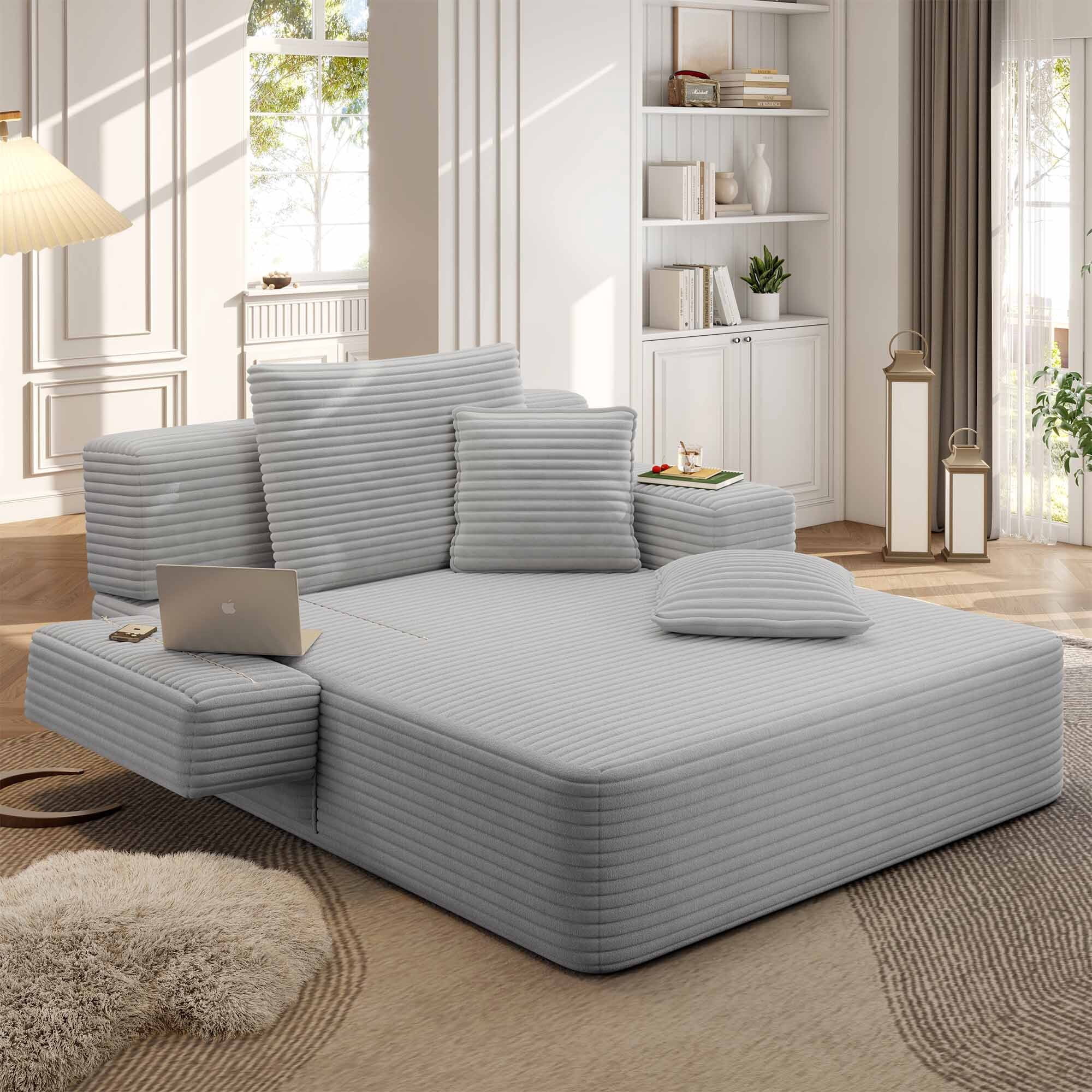 Lunale Boneless Chaise Lounge Chair Indoor, Oversized Convertible Sofa Bed, Cloud Corduroy Sofa Chair for Living Room, Light Gray