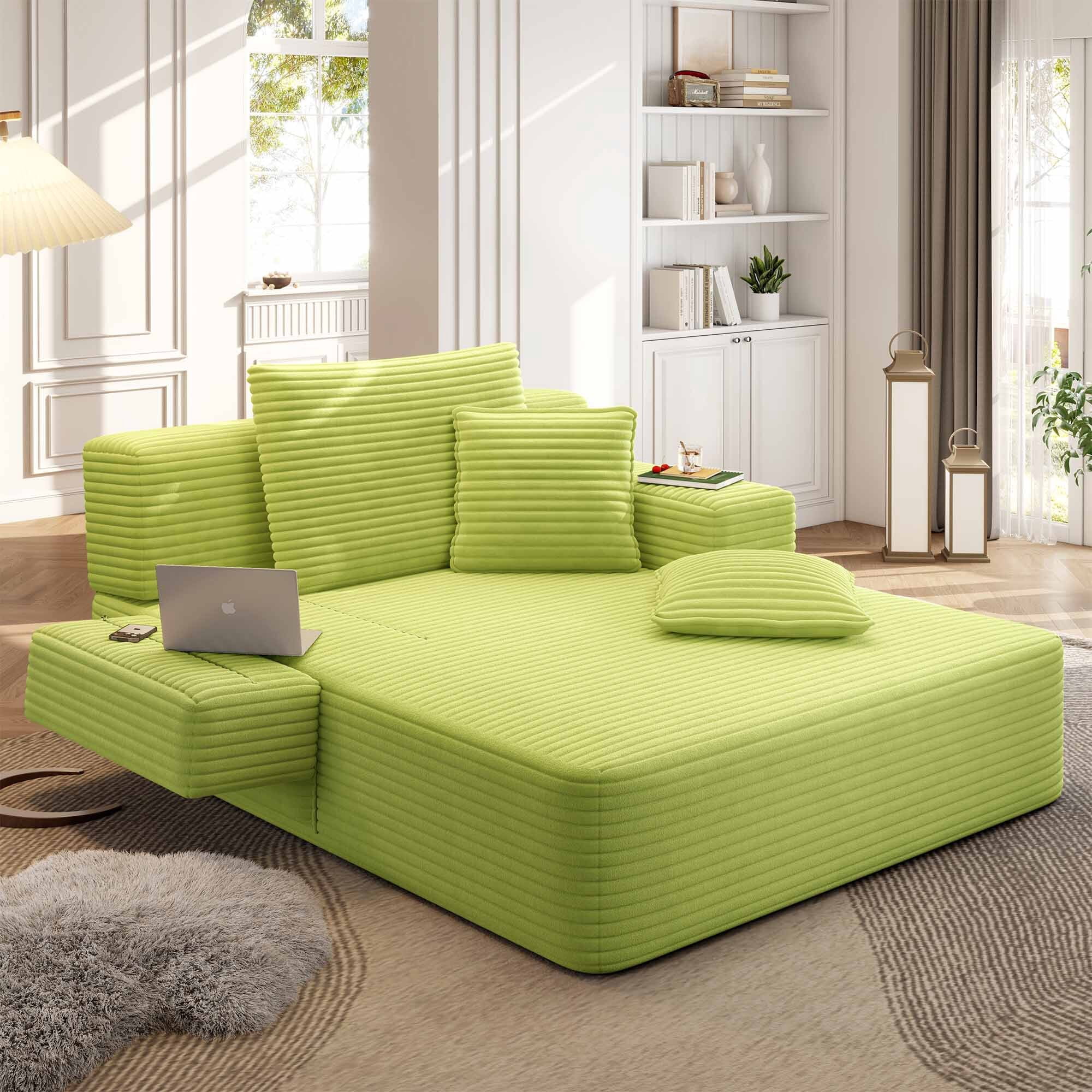 Lunale Boneless Chaise Lounge Chair Indoor, Oversized Convertible Sofa Bed, Cloud Corduroy Sofa Chair for Living Room, Light Green