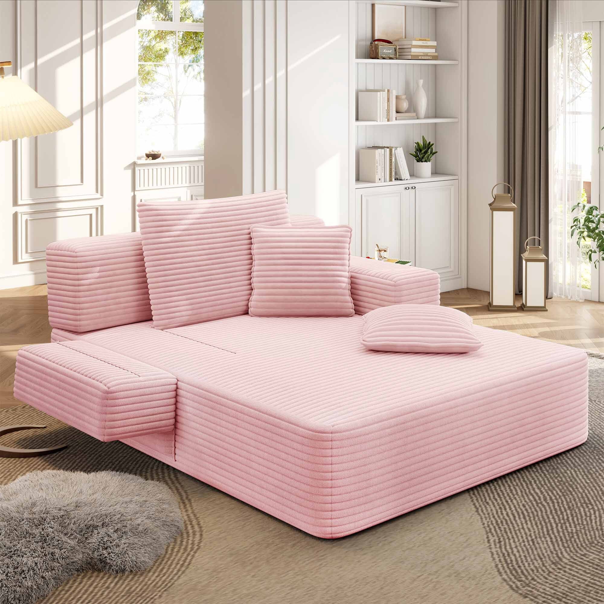 Lunale Boneless Chaise Lounge Chair Indoor, Oversized Convertible Sofa Bed, Cloud Corduroy Sofa Chair for Living Room, Pink