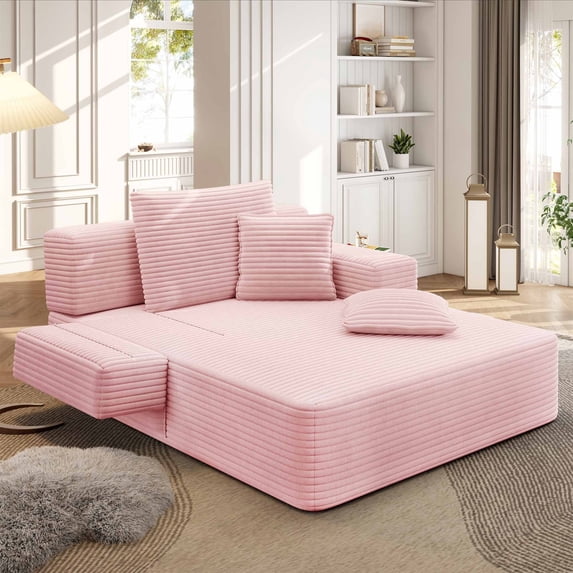 Lunale Boneless Chaise Lounge Chair Indoor, Oversized Convertible Sofa Bed, Cloud Corduroy Sofa Chair for Living Room, Pink