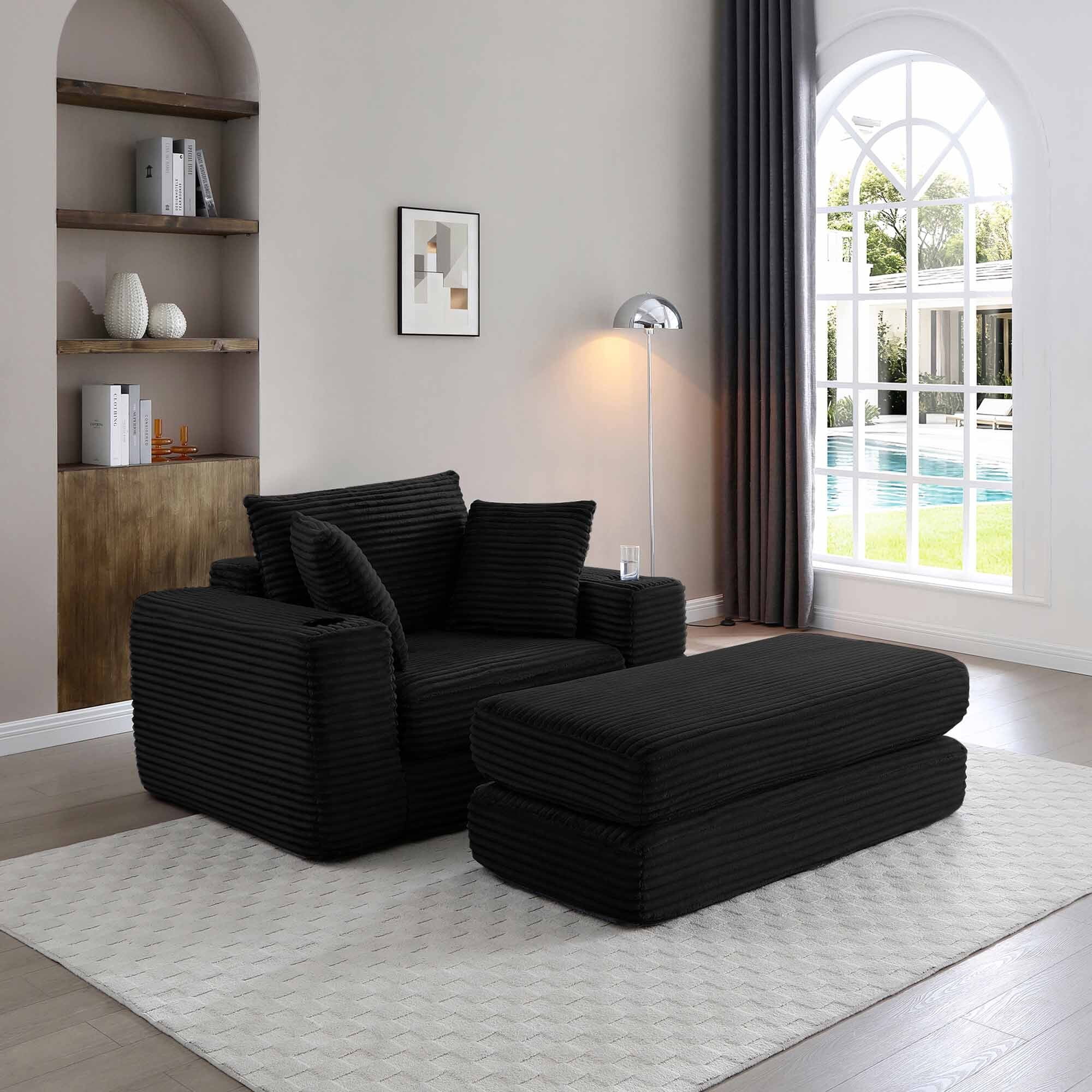 Lunale Boneless Chaise Lounge Chair with Ottoman, 52" Oversized 3-in-1 Convertible Sofa Chair for Living Room, Black Corduroy