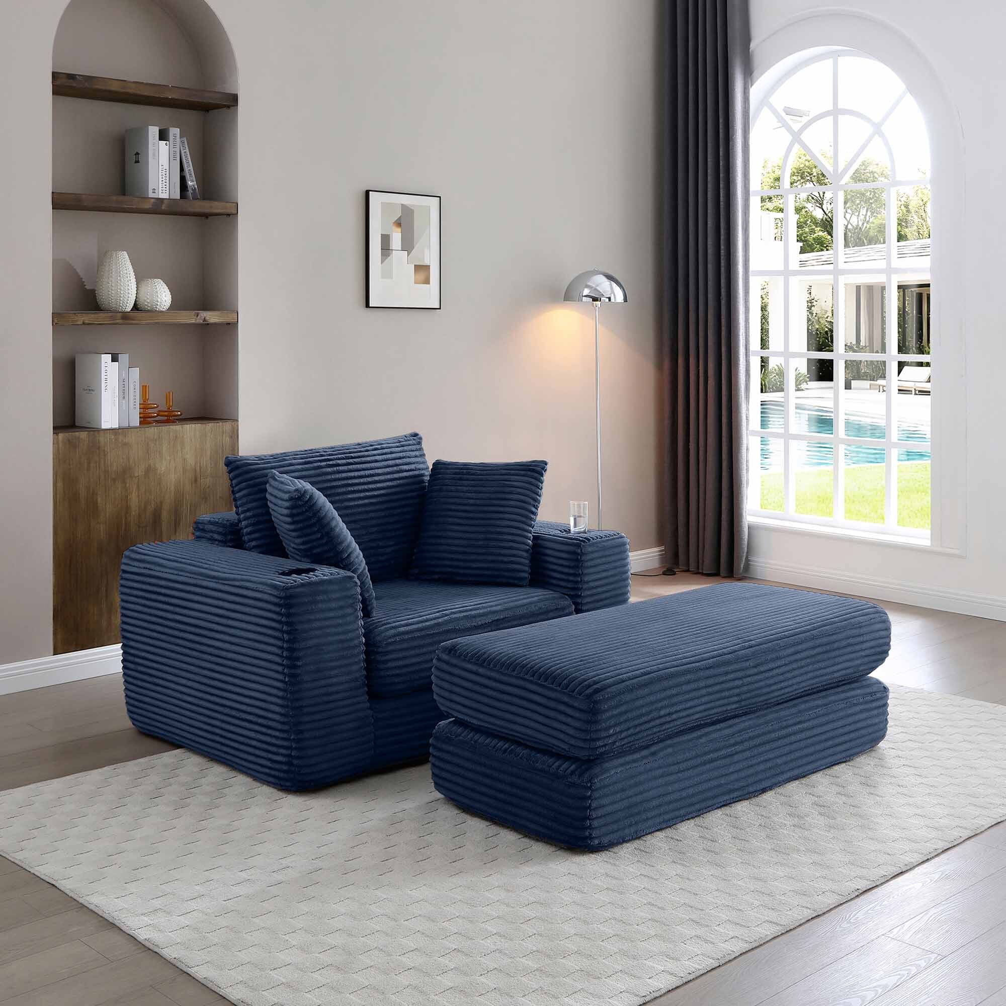 Lunale Boneless Chaise Lounge Chair with Ottoman, 52" Oversized 3-in-1 Convertible Sofa Chair for Living Room, Blue Corduroy