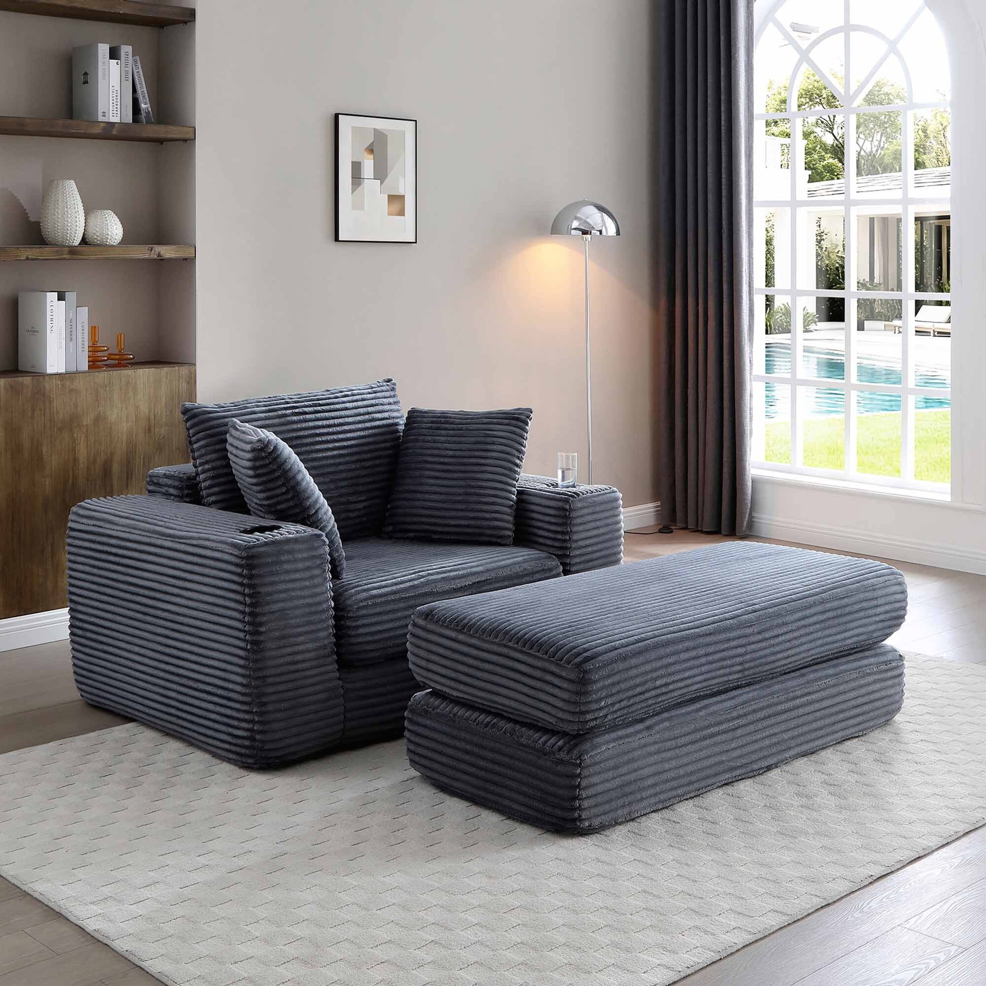 Lunale Boneless Chaise Lounge Chair with Ottoman, 52" Oversized 3-in-1 Convertible Sofa Chair for Living Room, Gray Corduroy