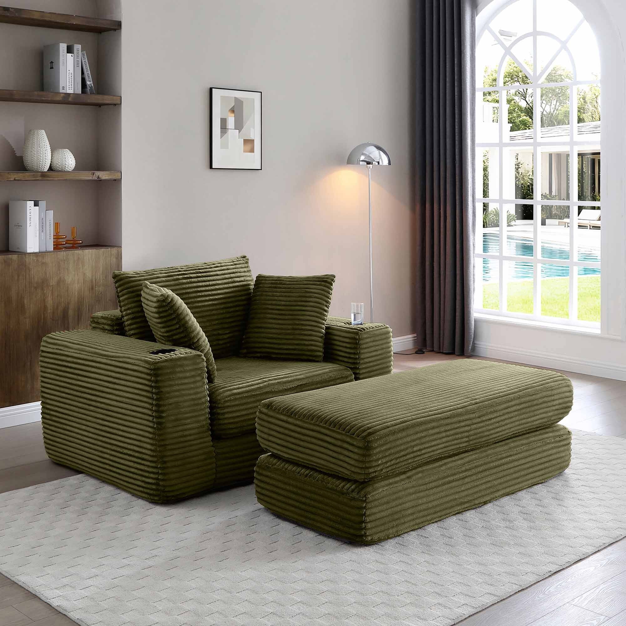 Lunale Boneless Chaise Lounge Chair with Ottoman, 52" Oversized 3-in-1 Convertible Sofa Chair for Living Room, Green Corduroy