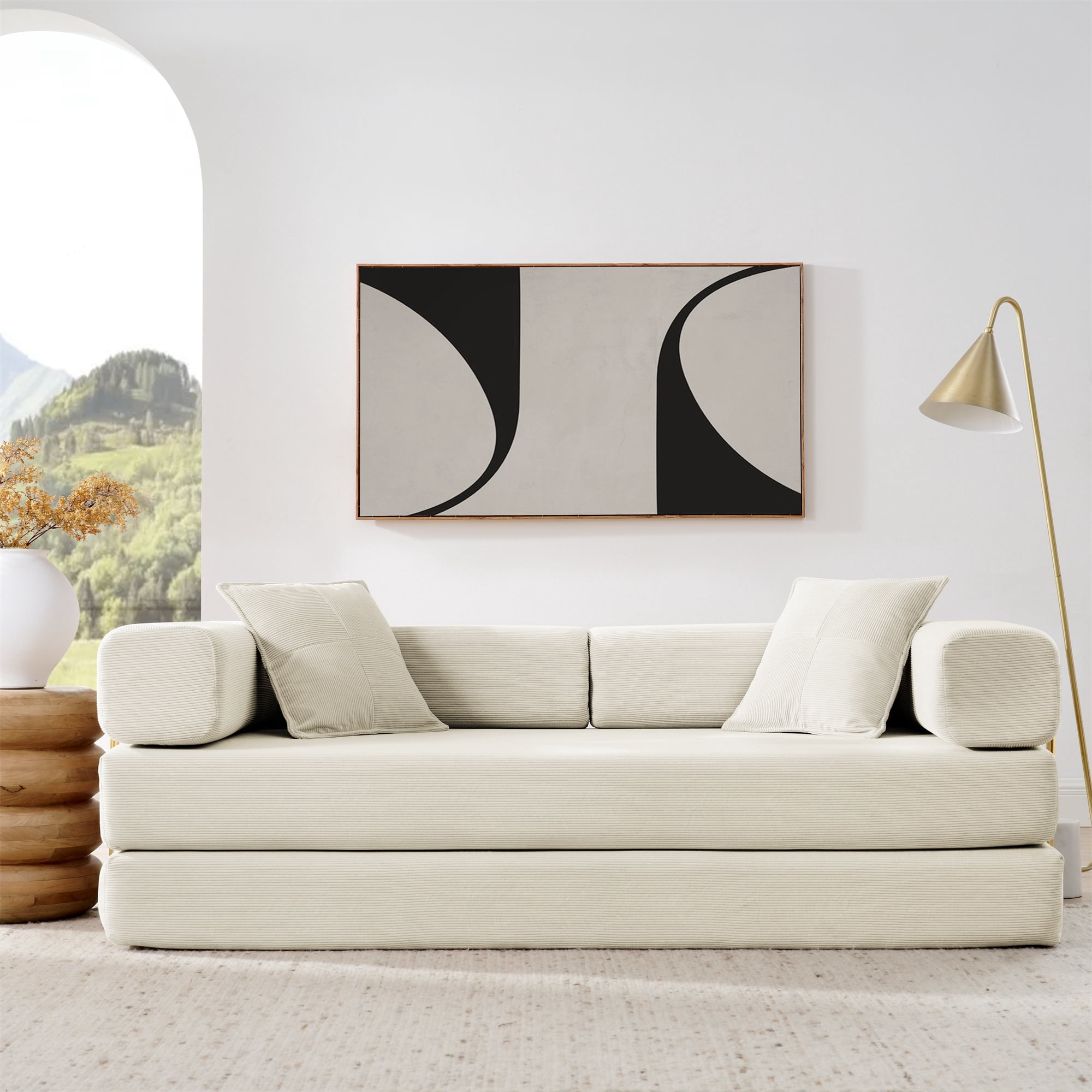 Lunale Boneless Cloud Couch, Convertible Floor Sofa Bed, Queen Size Pull Out Sleeper Sofa, No Assembly Required, Beige Corduroy