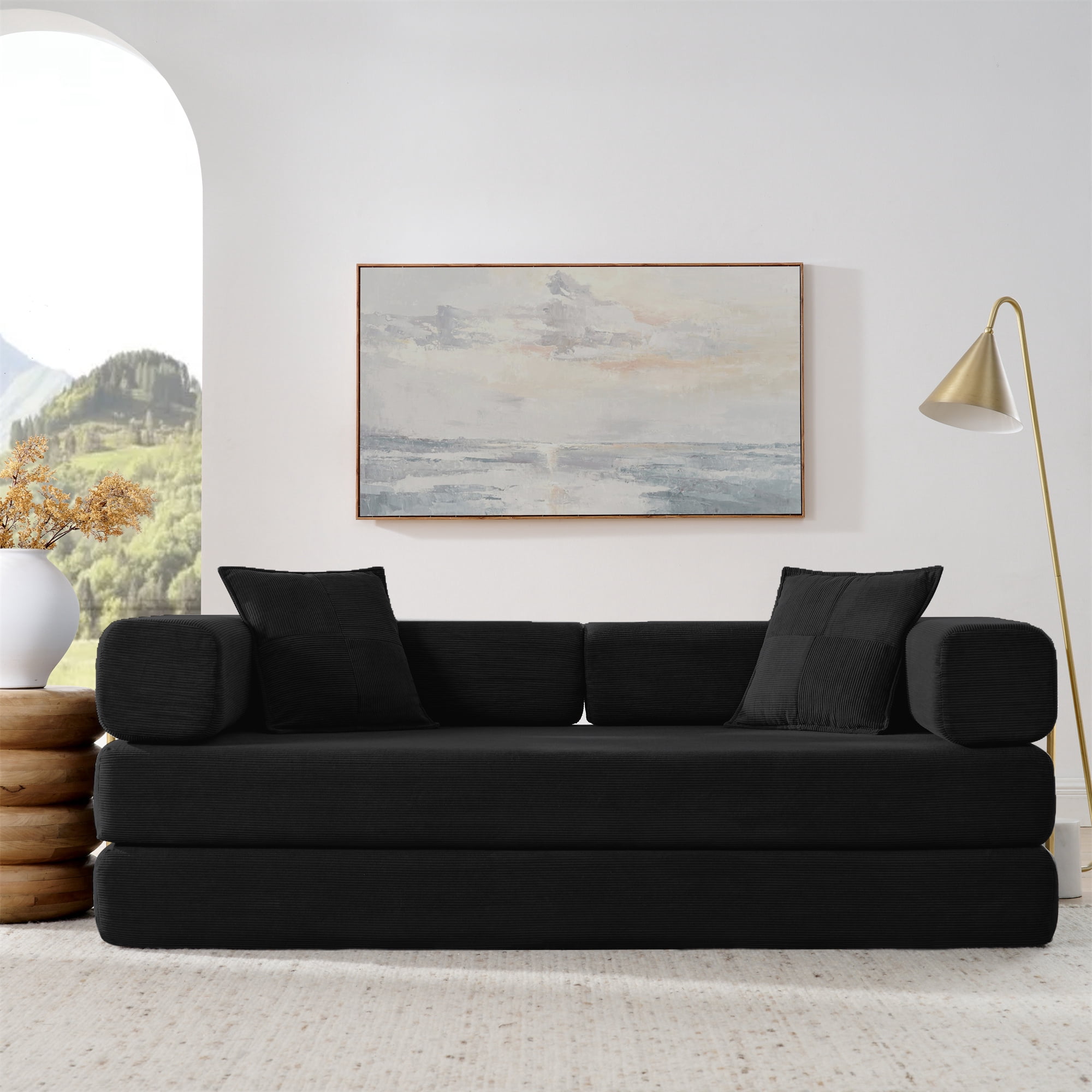 Lunale Boneless Cloud Couch, Convertible Floor Sofa Bed, Queen Size Pull Out Sleeper Sofa, No Assembly Required, Black Corduroy