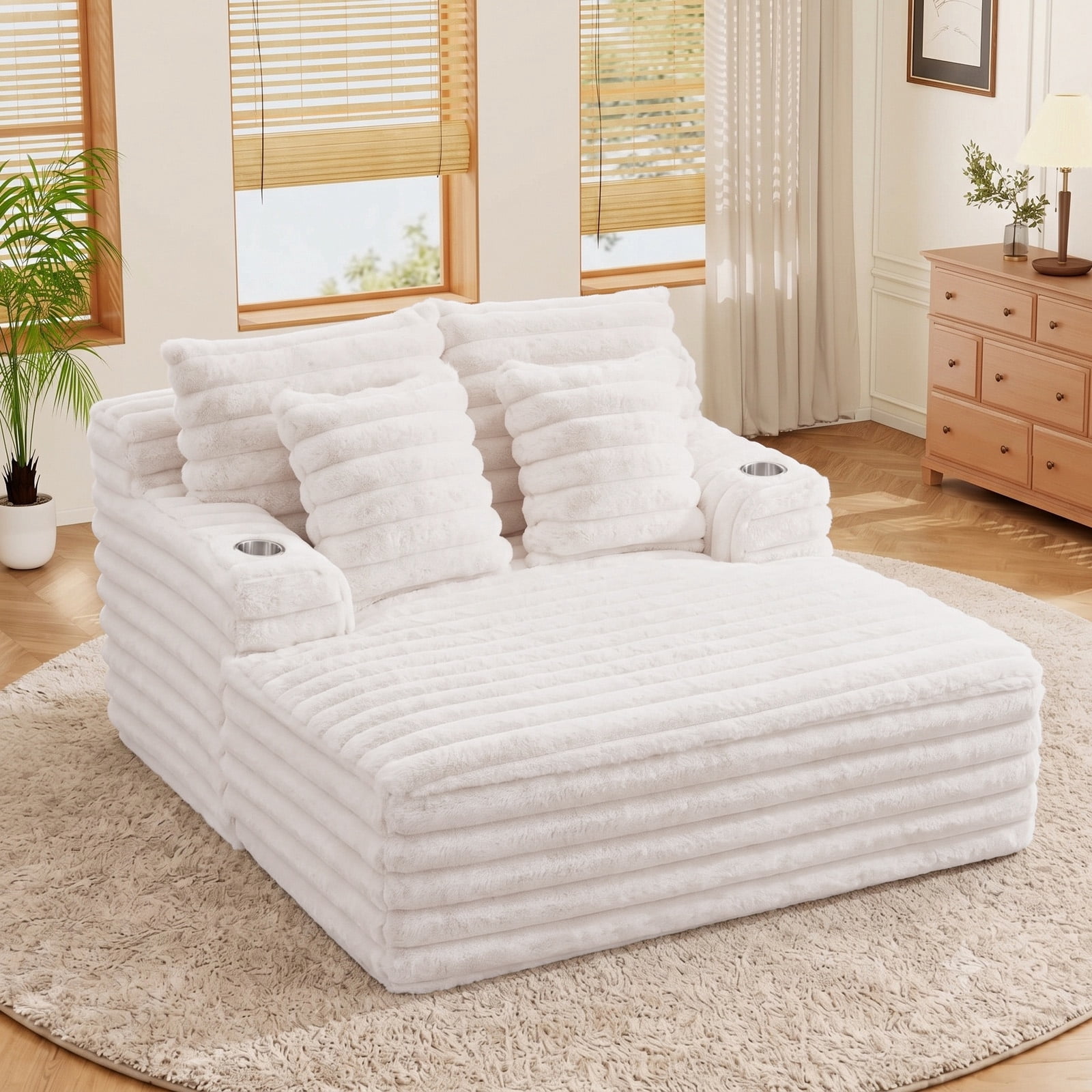 Lunale Oversized Chaise Lounge Chair Indoor Furniture, Boneless Cloud Couch with Cup Holders, Faux Fur Accent Chair for Living Room, Beige