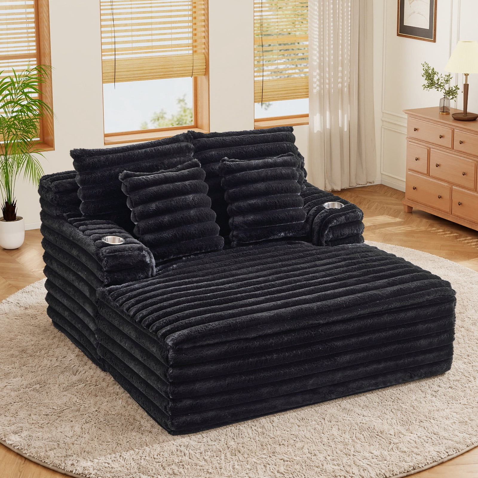 Lunale Oversized Chaise Lounge Chair Indoor Furniture, Boneless Cloud Couch with Cup Holders, Faux Fur Accent Chair for Living Room, Black