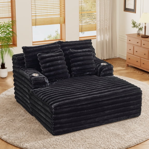 Lunale Oversized Chaise Lounge Chair Indoor Furniture, Boneless Cloud Couch with Cup Holders, Faux Fur Accent Chair for Living Room, Black