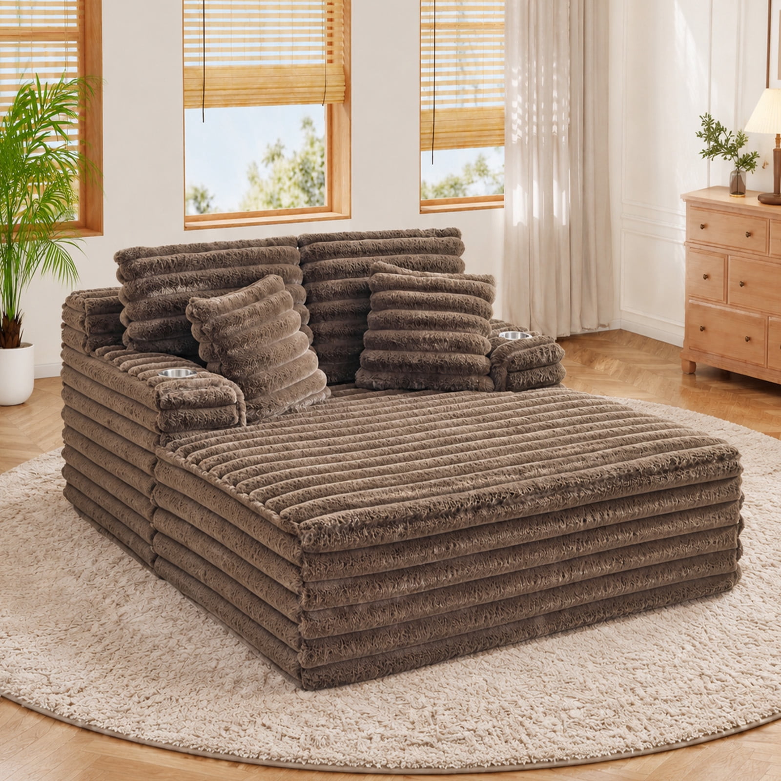 Lunale Oversized Chaise Lounge Chair Indoor Furniture, Boneless Cloud Couch with Cup Holders, Faux Fur Accent Chair for Living Room, Brown