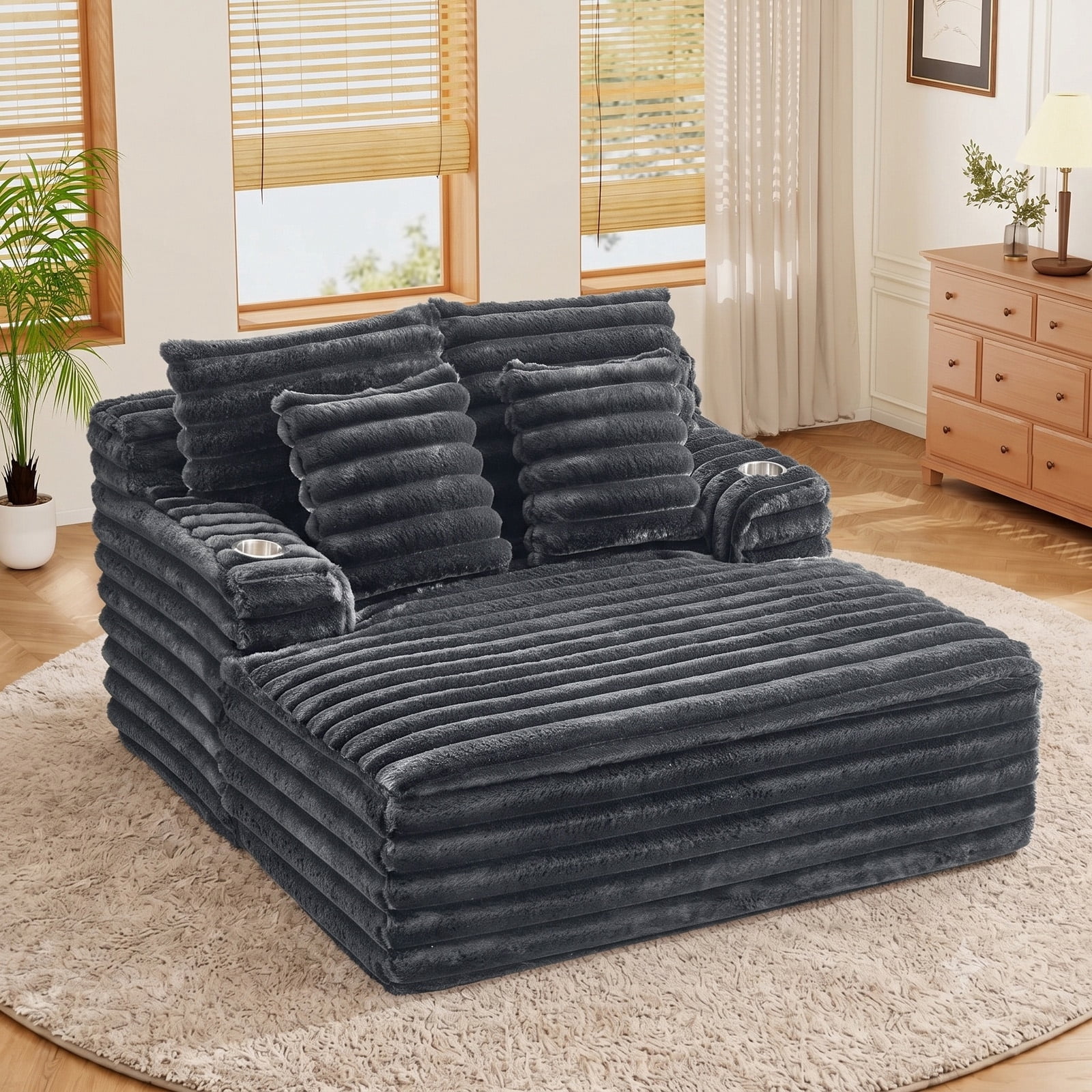 Lunale Oversized Chaise Lounge Chair Indoor Furniture, Boneless Cloud Couch with Cup Holders, Faux Fur Accent Chair for Living Room, Gray