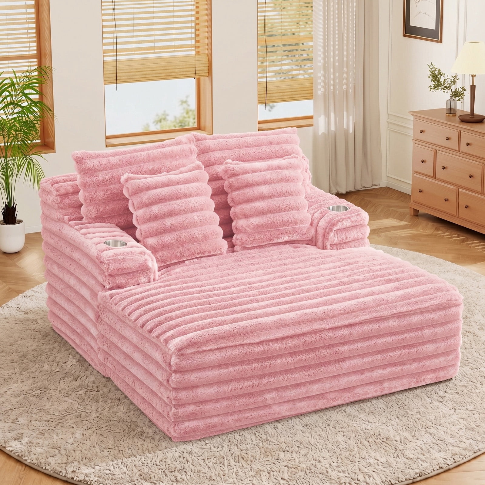 Lunale Oversized Chaise Lounge Chair Indoor Furniture, Boneless Cloud Couch with Cup Holders, Faux Fur Accent Chair for Living Room, Pink