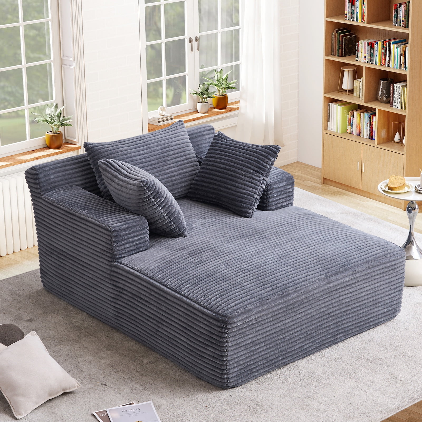 Lunale Chaise Lounge Indoor, Oversized Upholstered Lounge Chair, Plush Sleeper Sofa Bed, No Assembly Required, Gray Corduroy