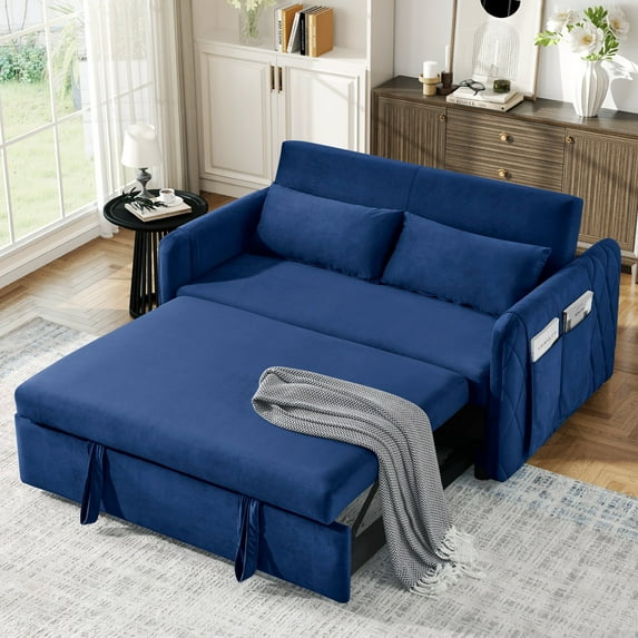 Lunale Convertible Futon Sofa Bed for Living Room, Modern Upholstered Loveseat Sleeper in Blue