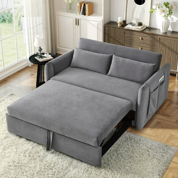 Lunale Convertible Futon Sofa Bed for Living Room, Modern Upholstered Loveseat Sleeper in Gray