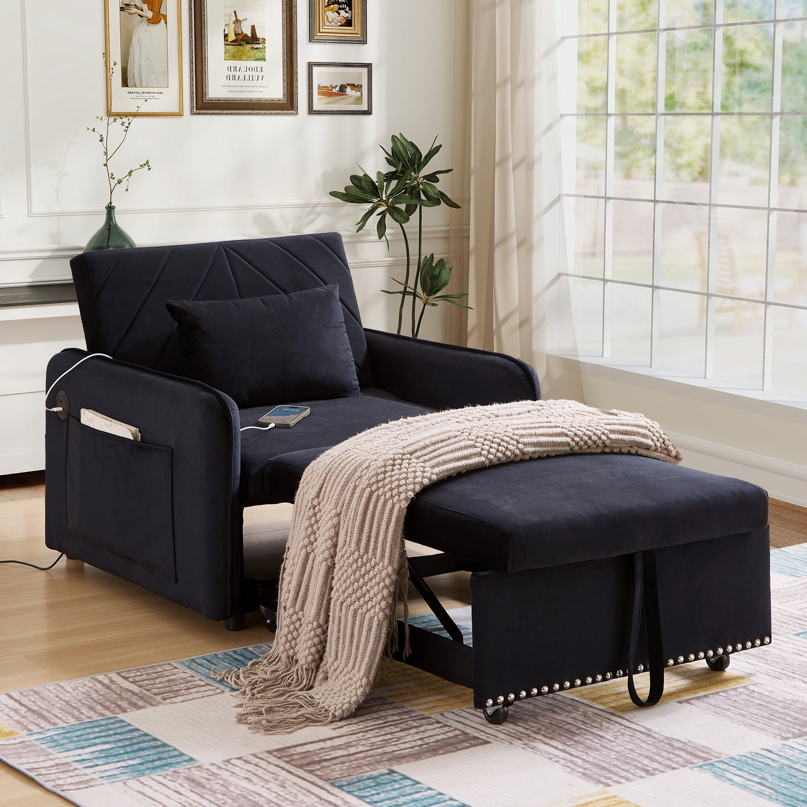 Lunale Convertible Sleeper Chair Bed, Indoor Lounge Chair with USB, Velvet Single Sofa Bed, Black