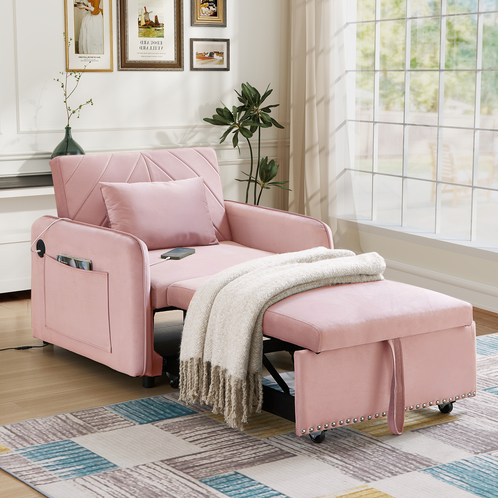 Lunale Convertible Sleeper Chair Bed, Indoor Lounge Chair with USB, Velvet Single Sofa Bed, Pink
