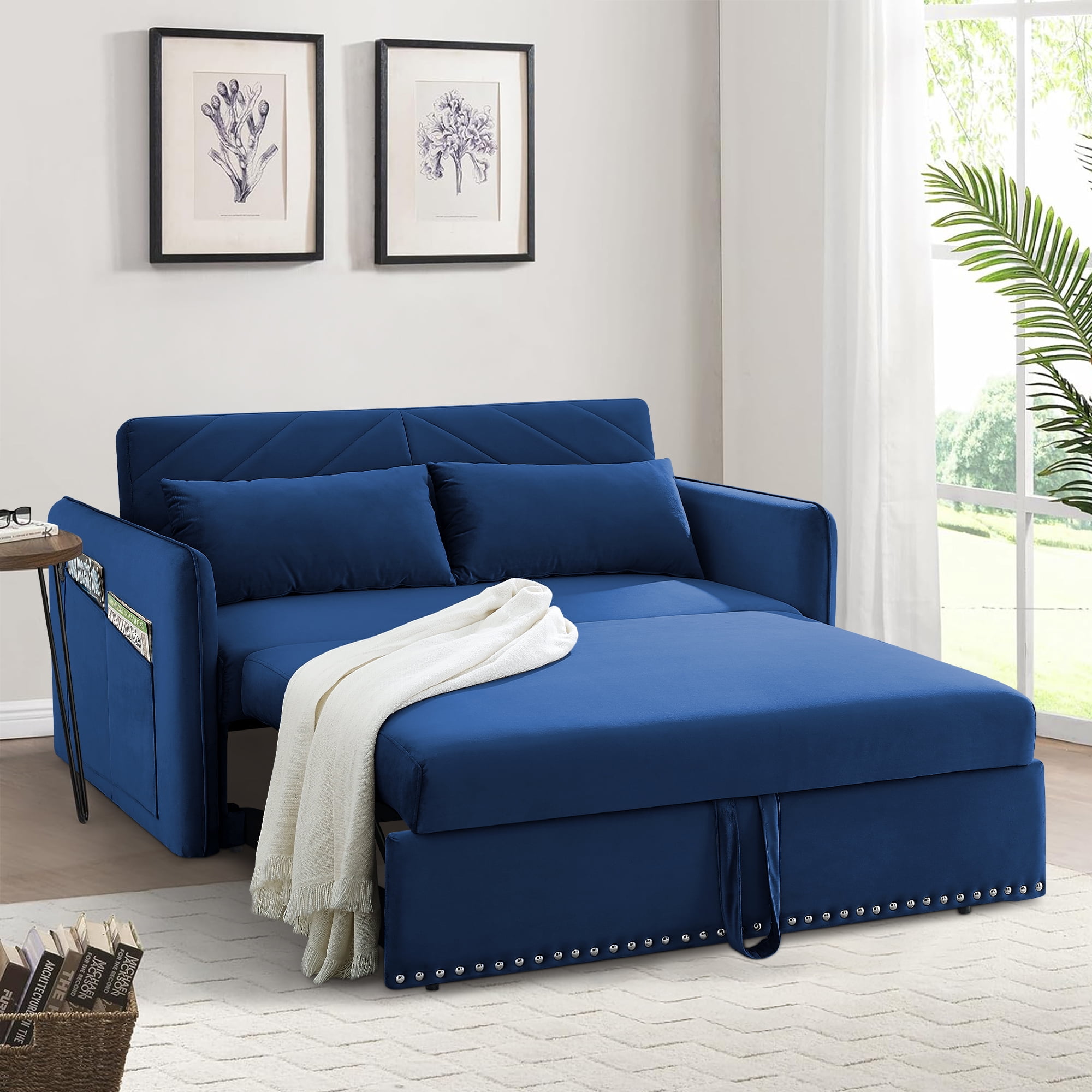 Dinosisco Convertible Sleeper Loveseat with USB, 55" Velvet Futon Sofa Bed, Blue