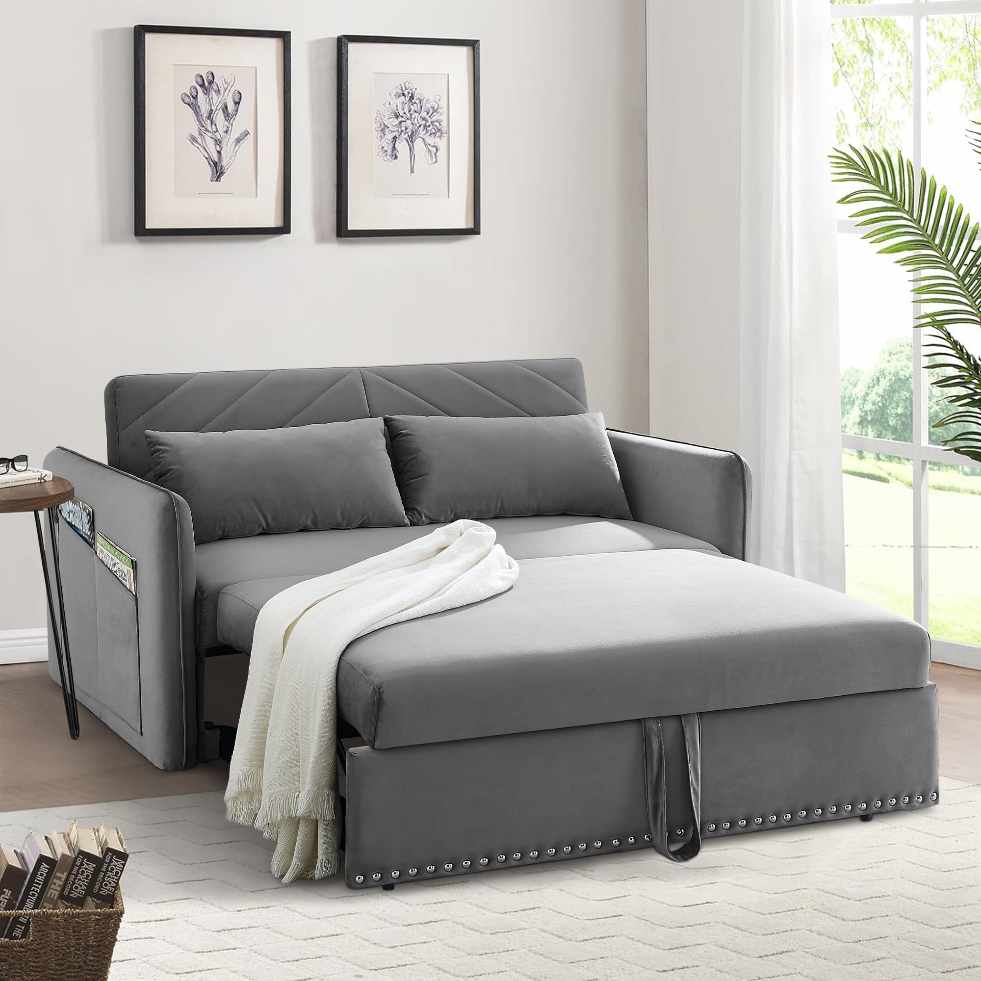 Dinosisco Convertible Sleeper Loveseat with USB, 55" Velvet Futon Sofa Bed, Gray