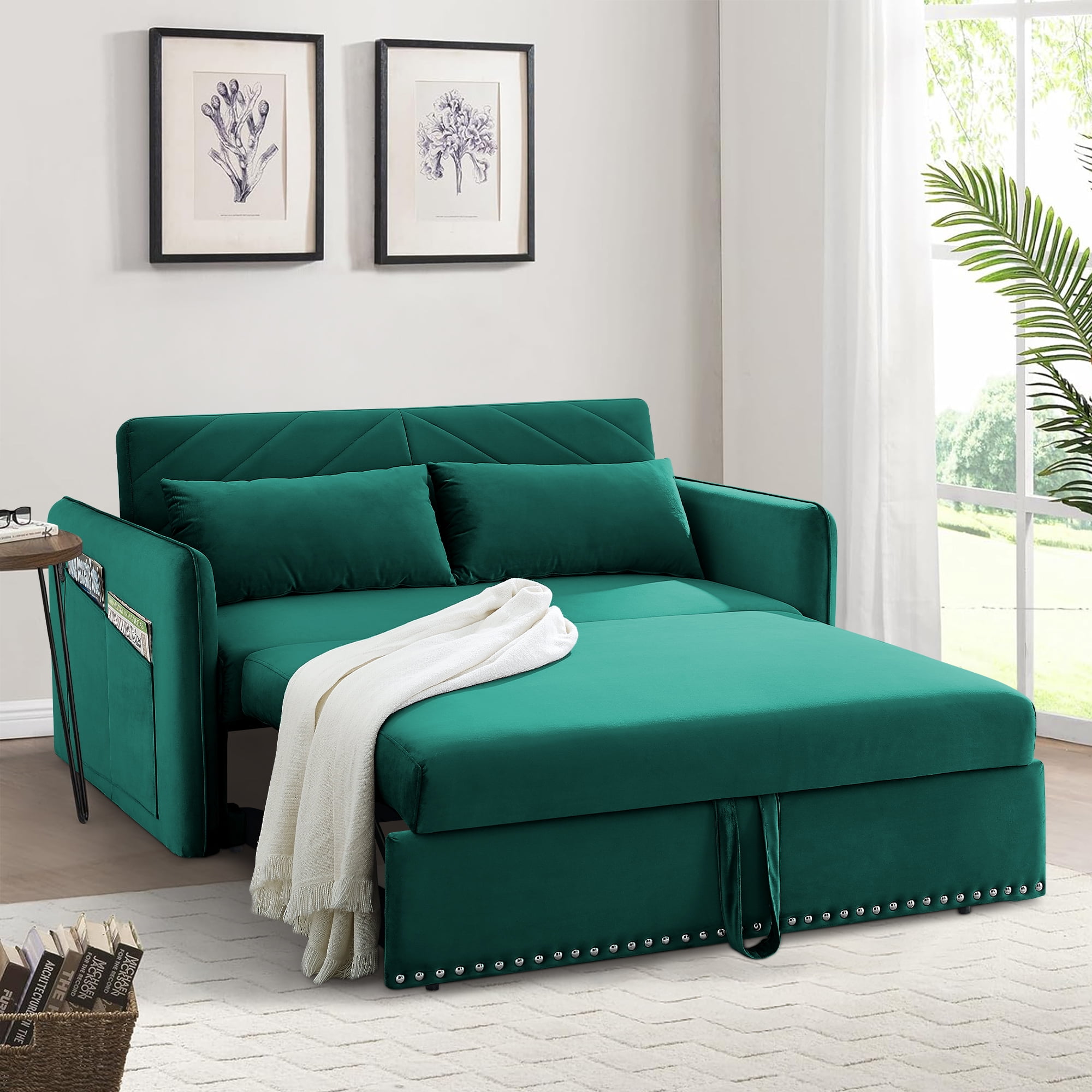 Dinosisco Convertible Sleeper Loveseat with USB, 55" Velvet Futon Sofa Bed, Green