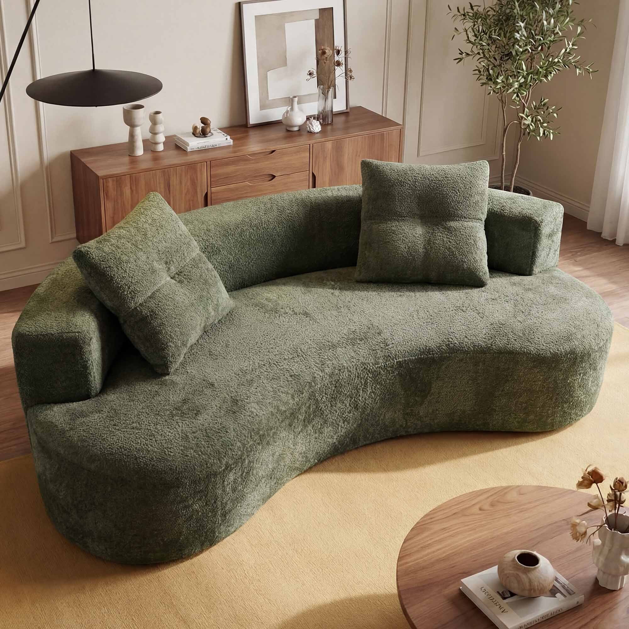 Lunale Curved Boneless Sofa, Modern 3 Seater Cloud Couch, No Assembly Required, Chenille Floor Sofa for Living Room, Green