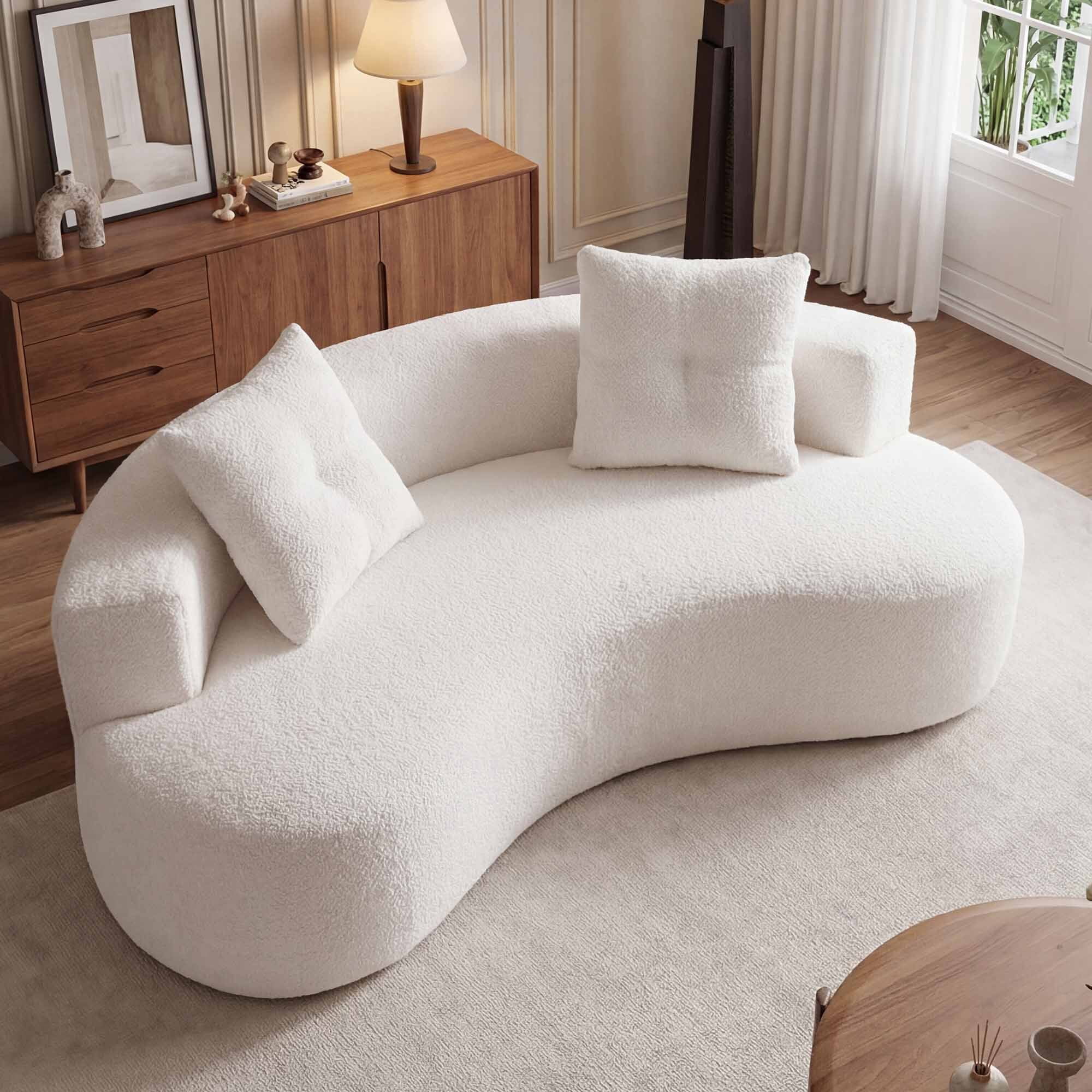 Lunale Curved Boneless Sofa, Modern 3 Seater Cloud Couch, No Assembly Required, Chenille Floor Sofa for Living Room, White
