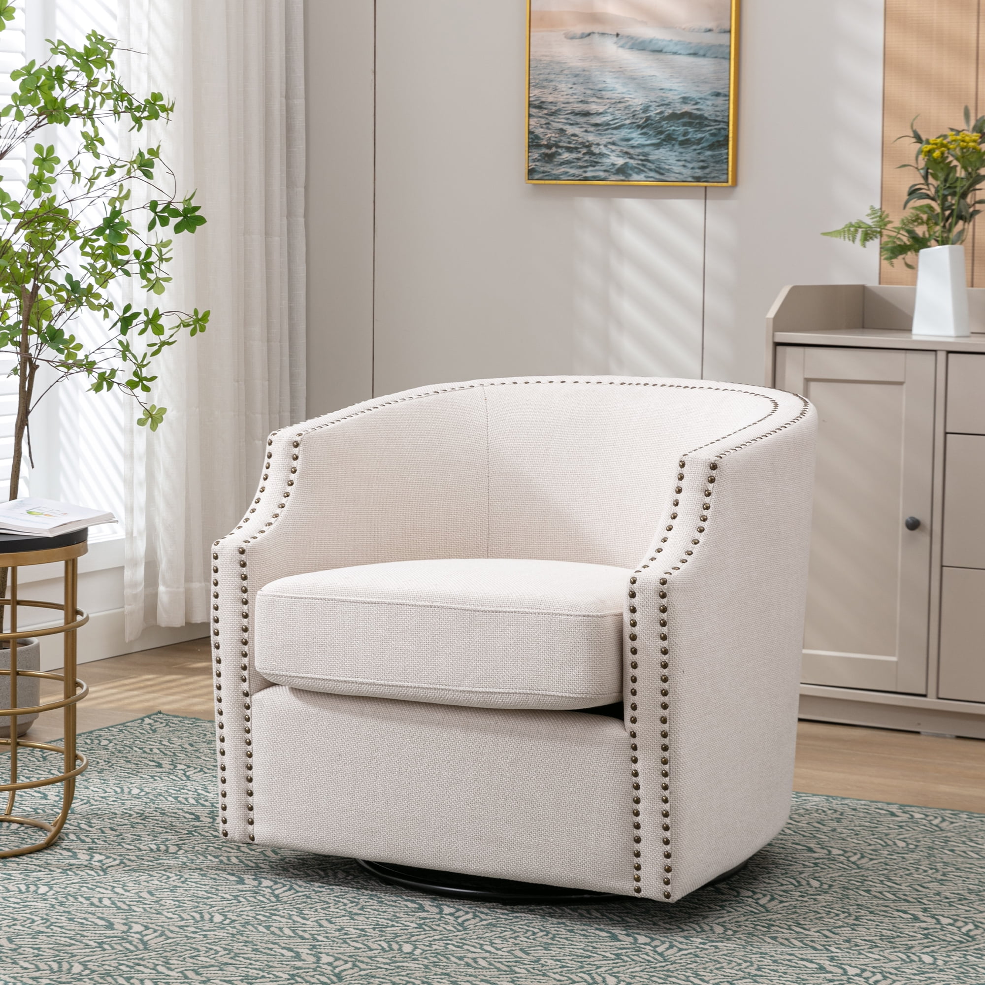 Lunale Fabric Swivel Accent Barrel Chair, Club Chair Comfy Reading Armchair, Beige